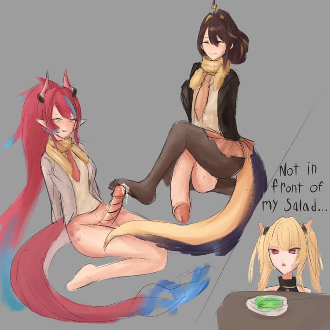 2futas aegislily ahe_gao black_hair black_legwear blue_eyes blue_highlights blue_streak blush bottomless cardigan closed_eyes colored_sketch cum_on_foot dragon_horns dragon_tail eel_tail footjob hairbun hanging_penis huge_cock idol-en idol_corp indie_virtual_youtuber juna_unagi kai_saikota large_penis lightning_ahoge meme_reference necktie penis_size_difference red_hair scarf sitting_on_leg skirt smile virtual_youtuber w_sitting yellow_highlights