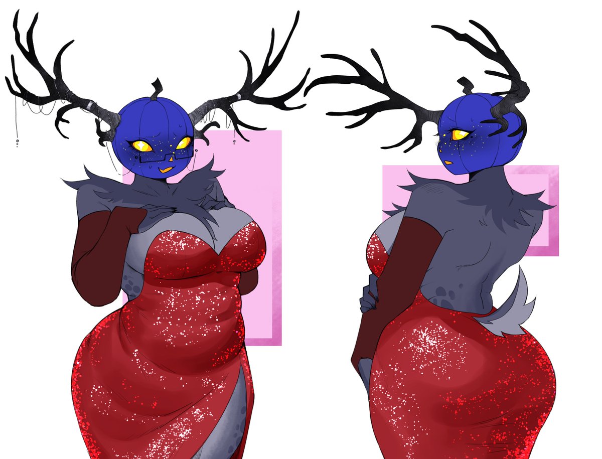 antlers, deer girl, dress, dusekkar (forsaken), eirlysdababy, female, glasses, grey body, humanoid, jewelry, mtf crossgender, neck tuft, object head, red dress, rule 63, tagme, tail, tail tuft, yellow eyes