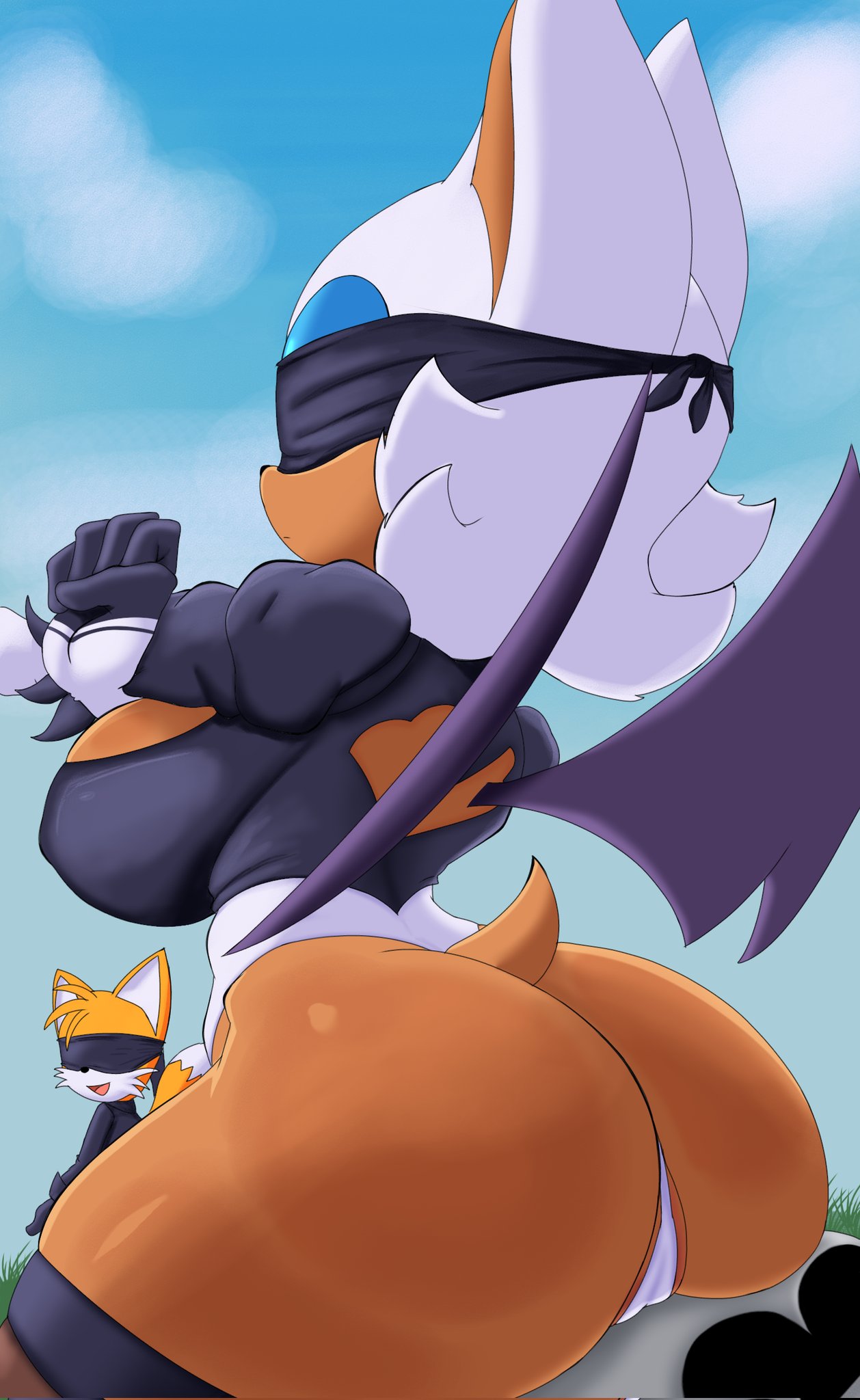 anthro ass bat big_breasts big_butt blindfold breasts butt_focus canid canine cosplay crossover crossover_cosplay duo eyeshadow female fox half-closed_eyes hi_res makeup male mammal narrowed_eyes nier_automata open_mouth open_smile platinumgames pliica_22 rouge_the_bat sega sitting smile sonic_the_hedgehog_(series) tail tails wings yorha_2b yorha_9s