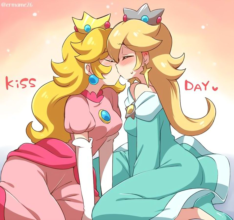 2girls bare_shoulders blonde_hair blush closed_eyes clothed dress earrings eromame female female_only human kissing mario_(series) multiple_girls nintendo princess_dress princess_peach princess_rosalina yuri