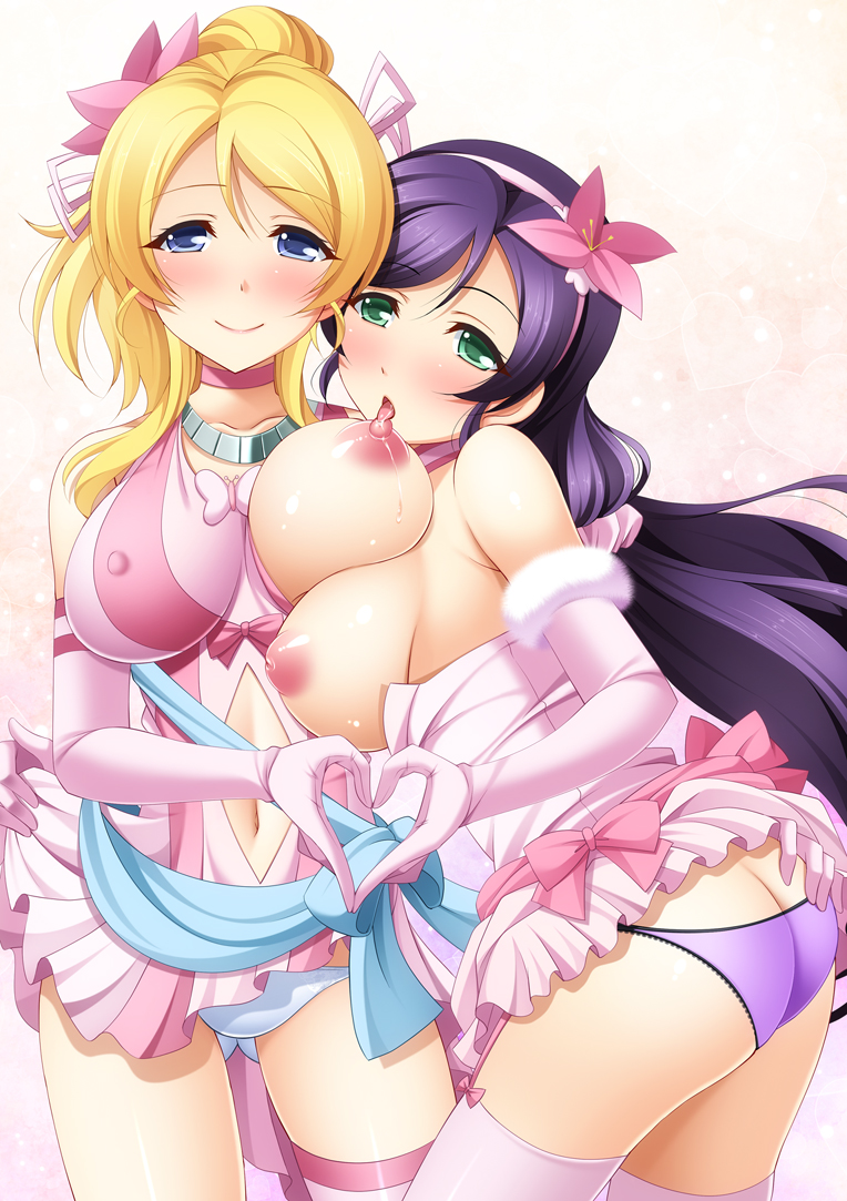 2girls ass ass_grab ayase_eli bare_shoulders blonde_hair blue_eyes blush breasts breasts_out choker clothes collarbone dress dress_lift dress_pull elbow_gloves erect_nipples female female_only flower gloves green_eyes hair_flower hair_ornament hairband heart heart_hands heart_hands_duo human inverted_nipples large_breasts licking long_hair looking_at_viewer love_live! love_live!_school_idol_project multiple_females narutaki_shin nipple_licking nipples no_bra open_mouth panties pink_dress pink_gloves purple_hair purple_panties sash scrunchie single_thighhigh smile striped striped_legwear sweat thighhighs tongue tongue_out topless toujou_nozomi underwear very_long_hair white_panties yuri