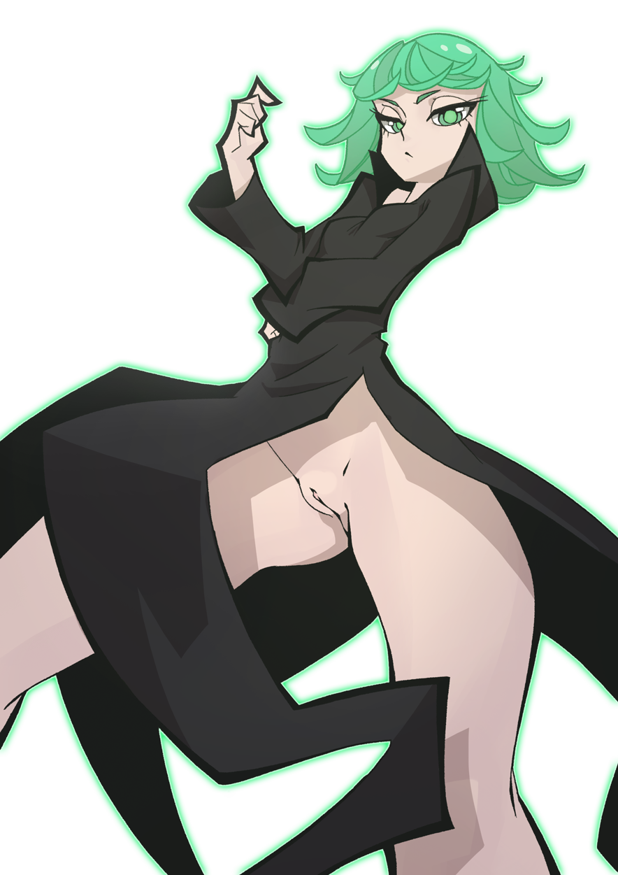 1girls black_dress bottomless breasts dress female female_only green_eyes green_hair human looking_at_viewer no_panties one-punch_man pussy serious short_hair solo tatsumaki the_pink_pirate