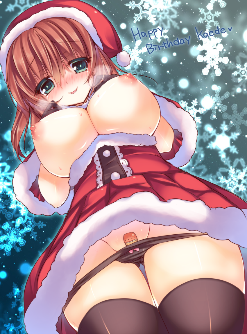 1girls aoki_kaede bandaid bandaid_on_pussy blush breasts breasts_out brown_hair christmas female from_below green_eyes groin hat huge_breasts long_hair looking_at_viewer mound_of_venus nipples original panties panty_pull santa_costume santa_hat smile solo suzunone_rena thighhighs tongue tongue_out underwear