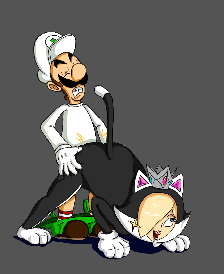 1boy 1girls ass bent_over blonde_hair blue_eyes brown_hair cat cat_ears cat_rosalina cat_suit cat_tail closed_eyes costume crown feline female from_behind gloves hair_over_one_eye human looking_up luigi male mario_(series) mustache nintendo open_mouth penetration princess_rosalina straight super_mario_3d_world top-down_bottom-up vaginal_penetration wildswingding