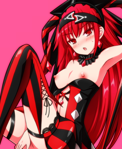 aka_no_ripika bare_shoulders beatmania beatmania_iidx breasts earrings female hair_ornament hat jester_cap jewelry lace long_hair looking_at_viewer nikuchimaki nipples open_mouth red_background red_eyes red_hair solo striped striped_legwear sweatdrop thighhighs vertical-striped_legwear vertical_stripes very_long_hair