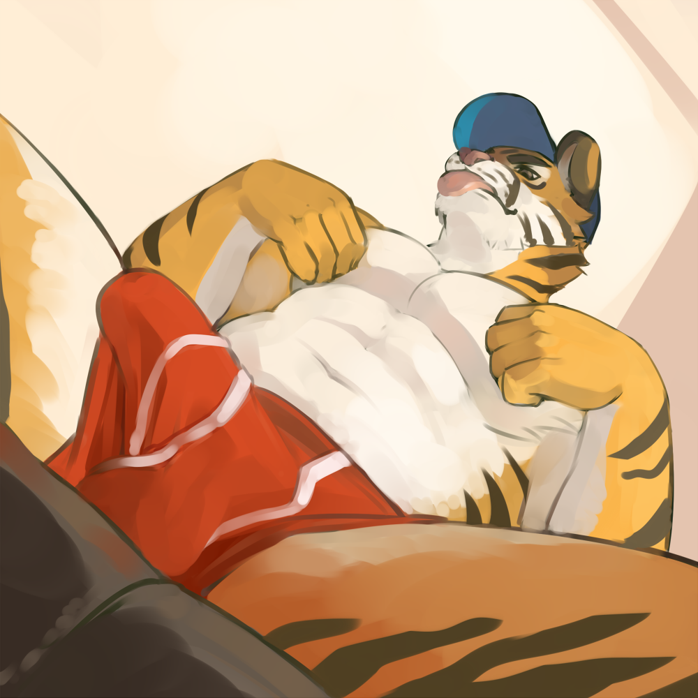 1boy ainro anthro boxers bulge erection erection_under_clothes feline furry half-dressed looking_down male male_only mammal red_underwear simple_background sitting solo tiger tongue tongue_out topless underwear