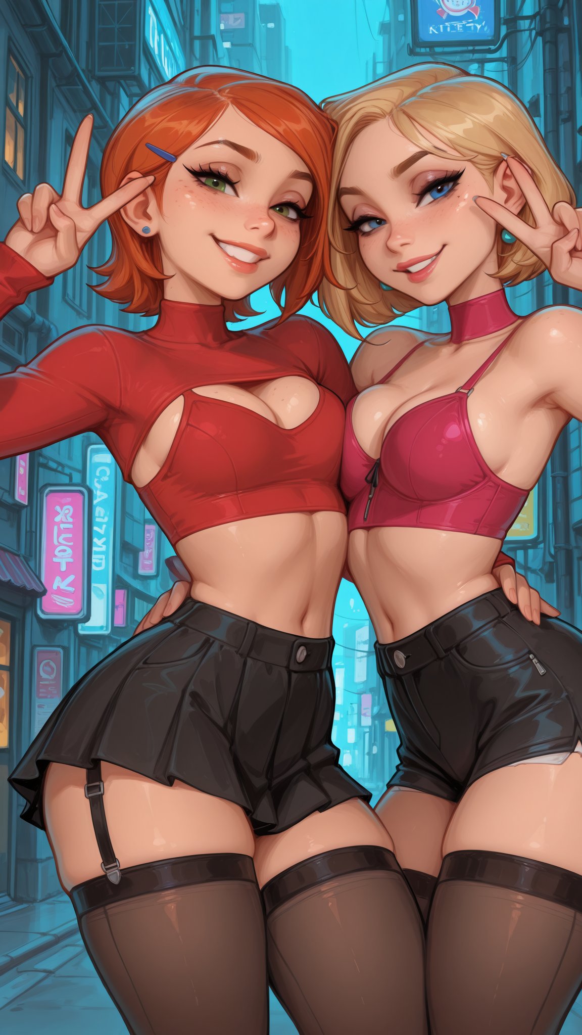2girls, ai generated, ben 10, crossover, eraofmeat, female, female only, gwen stacy, gwen tennyson, marvel, meat master, multiple girls, skirt, spider-man (series), teenage girl, teenage prostitute