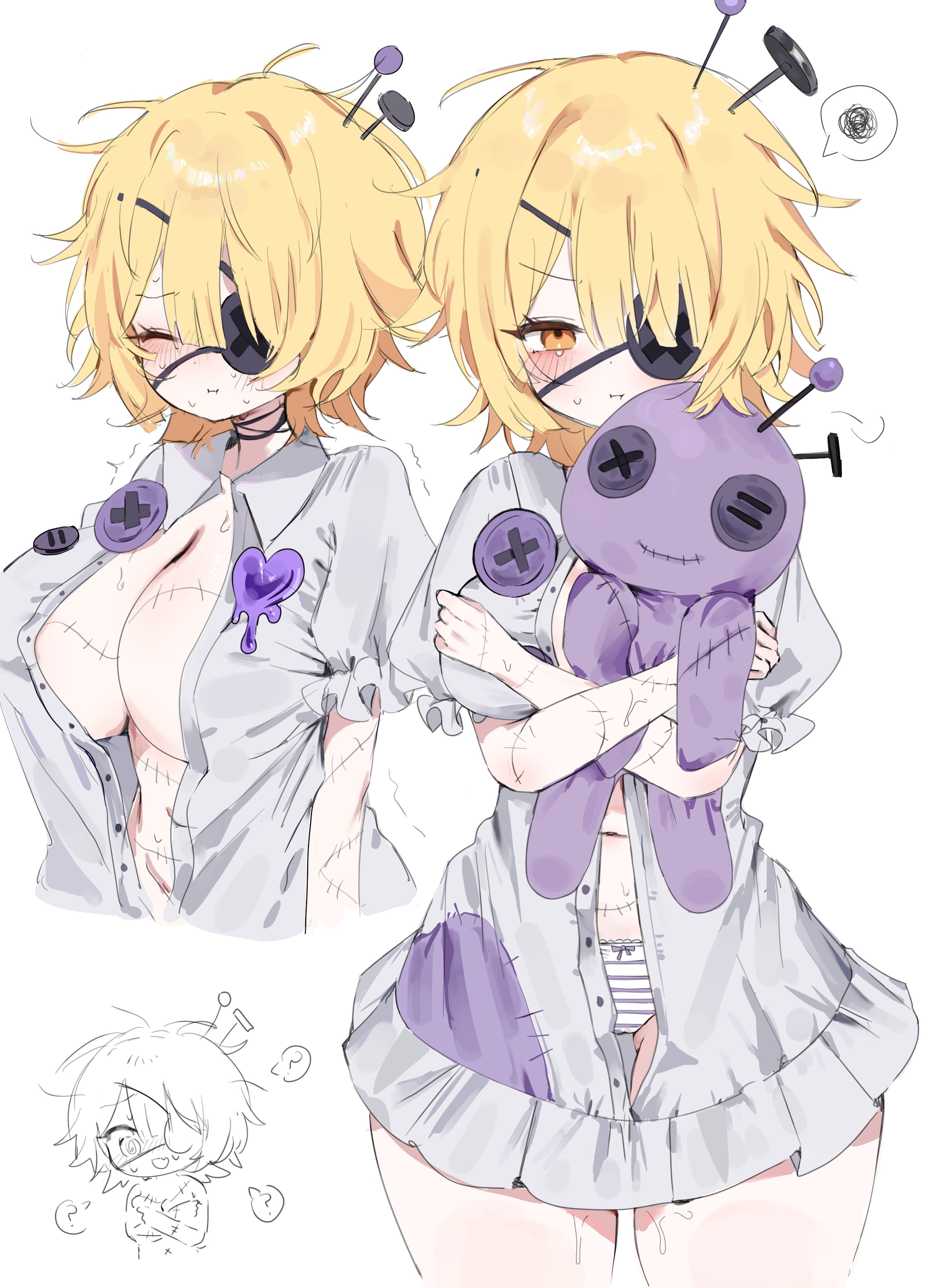1girl, a73398190, absurdres, blonde hair, blush, breasts, buttons, covering breasts, covering privates, don quixote (limbus company), dress shirt, e.g.o (project moon), eyepatch, gluteal fold, highres, hugging doll, hugging object, large breasts, large buttons, limbus company, multiple views, nail (hardware), no bra, orange eyes, panties, project moon, shirt, solo, speech bubble, spoken question mark, spoken squiggle, squiggle, stitched arm, stitched torso, stitches, striped clothes, striped panties, stuffed animal, stuffed toy, thick thighs, thighs, unbuttoned, unbuttoned shirt, underwear, white background, will you play?, will you play? (limbus company)