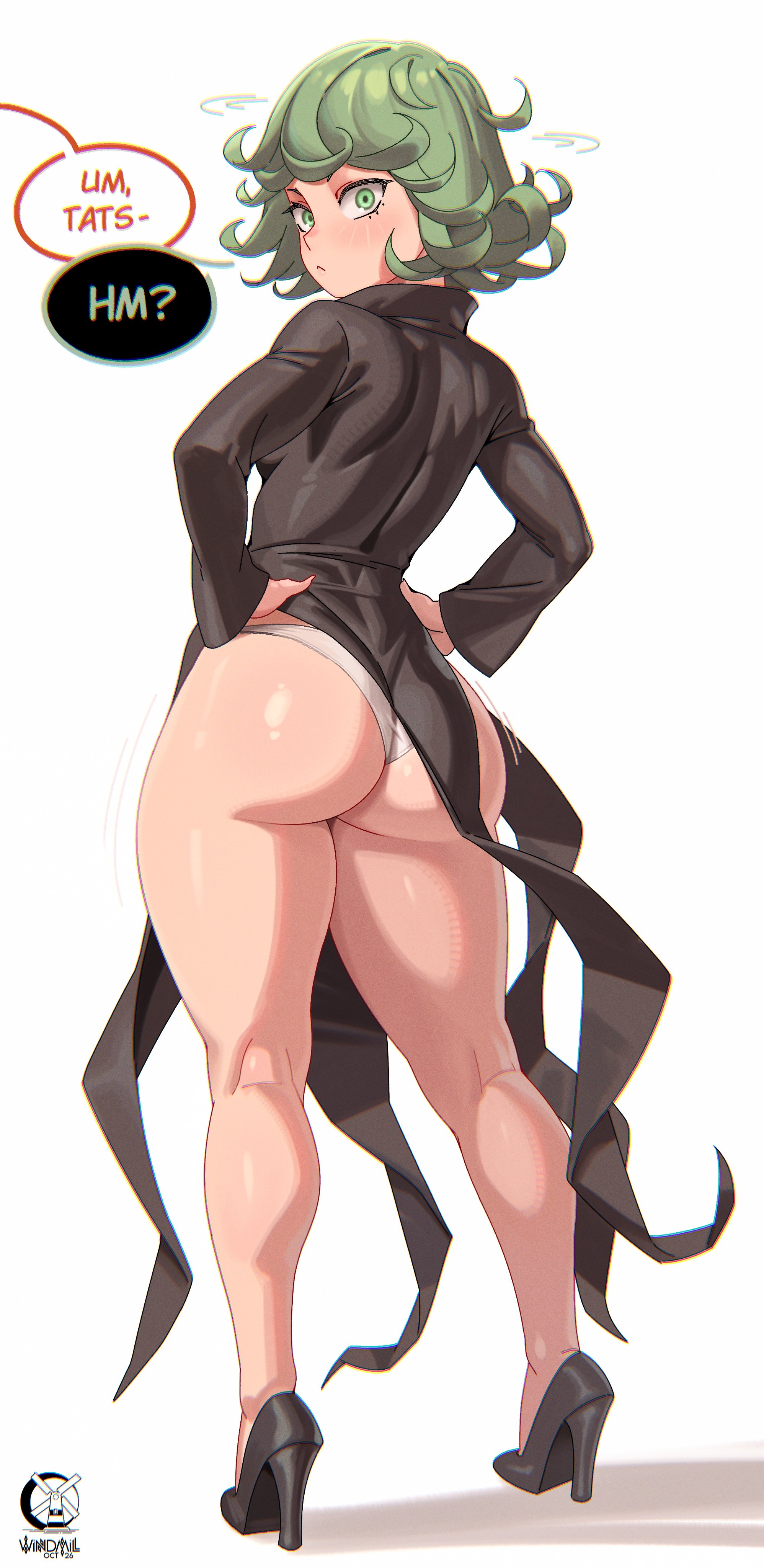 1girls, ass, ass focus, back view, big ass, bottom heavy, curly hair, exposed ass, exposed panties, female, female focus, female only, hand on hip, high heels, looking back, no pants, oblivious, one-punch man, revealing clothes, saitama, shiny skin, short hair, skimpy, skimpy clothes, skimpy dress, small breasts, solo female, standing, tatsumaki, text, text bubble, thick thighs, toned, toned stomach, white background, white panties, wide hips, windmill (artist)