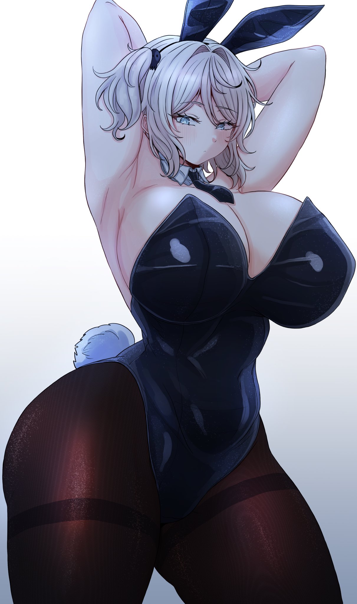 armpit, bbambi, big breasts, blue eyes, boobs, bunny ears, bunny suit, faust (limbus company), huge breasts, light skin, light-skinned female, limbus company, project moon, white hair, wide hips