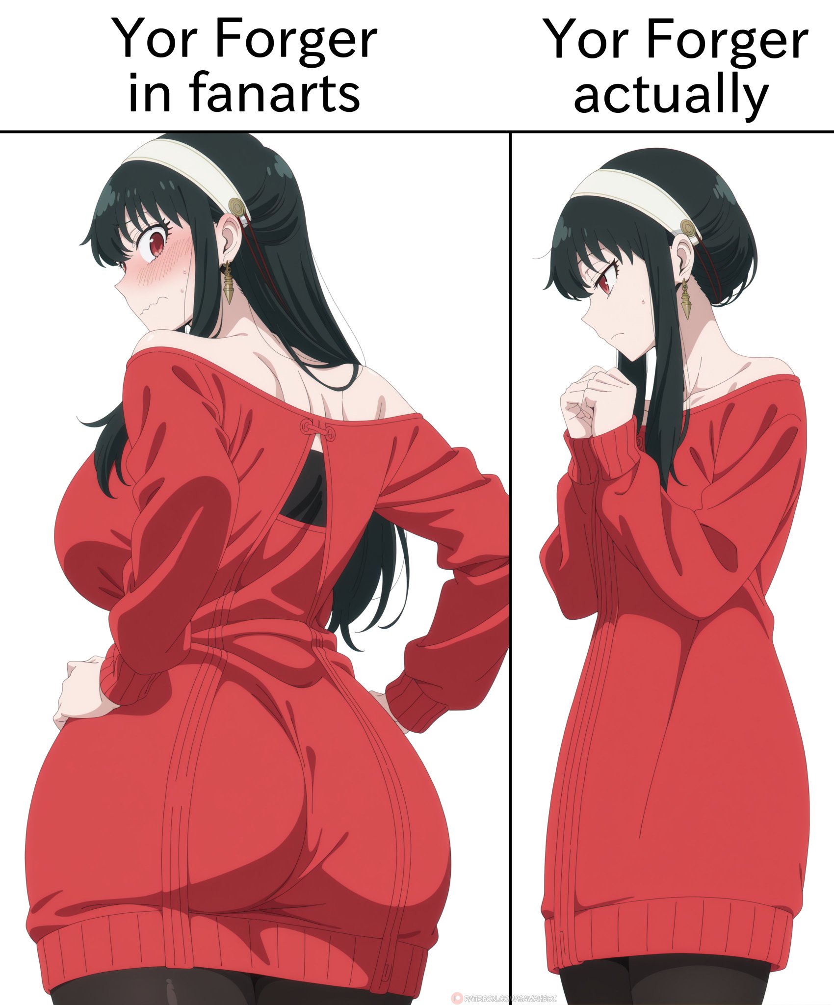 1girl, absurd res, absurdres, ai generated, ass, ass of the gods, big ass, big breasts, black hair, blush, blushing, breasts, breasts bigger than head, clothed, diadem, dress, earrings, eyelashes, female, female focus, female only, fringe, fully clothed, girl, hand on head, hentai, hi res, high quality, high resolution, highres, horny, hot, huge breasts, light-skinned female, long hair, looking at another, looking at partner, looking pleasured, meme, pose, posing, red dress, red eyes, rubbing, sawahebi, seductive, seductive look, seductive pose, sexy, sexy body, sexy female, sexy pose, spy x family, voluptuous, voluptuous female, white body, yor briar, yor forger