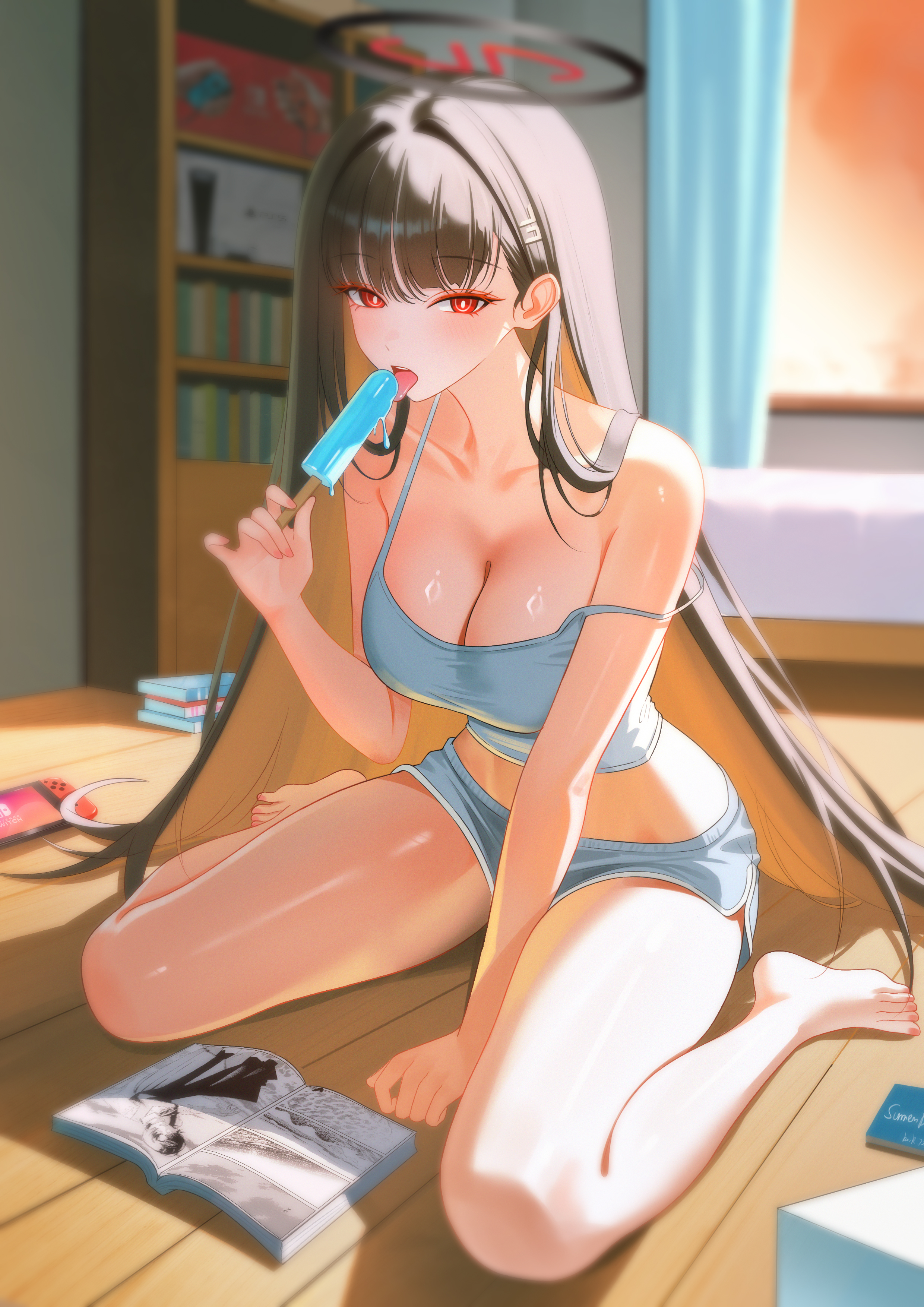 1girl, 1girls, absurdres, barefoot, birdking (king33), black hair, blue archive, blue shorts, blue tank top, bookshelf, breasts, cleavage, commentary, dolphin shorts, feet, female, female only, food, halo, highres, holding, holding food, holding popsicle, indoors, large breasts, long hair, looking at viewer, manga (object), melting popsicle, midriff, multicolored halo, popsicle, red eyes, revision, rio (blue archive), shorts, sitting, solo, tank top, thighs, two-tone halo, very long hair, wariza, wooden floor