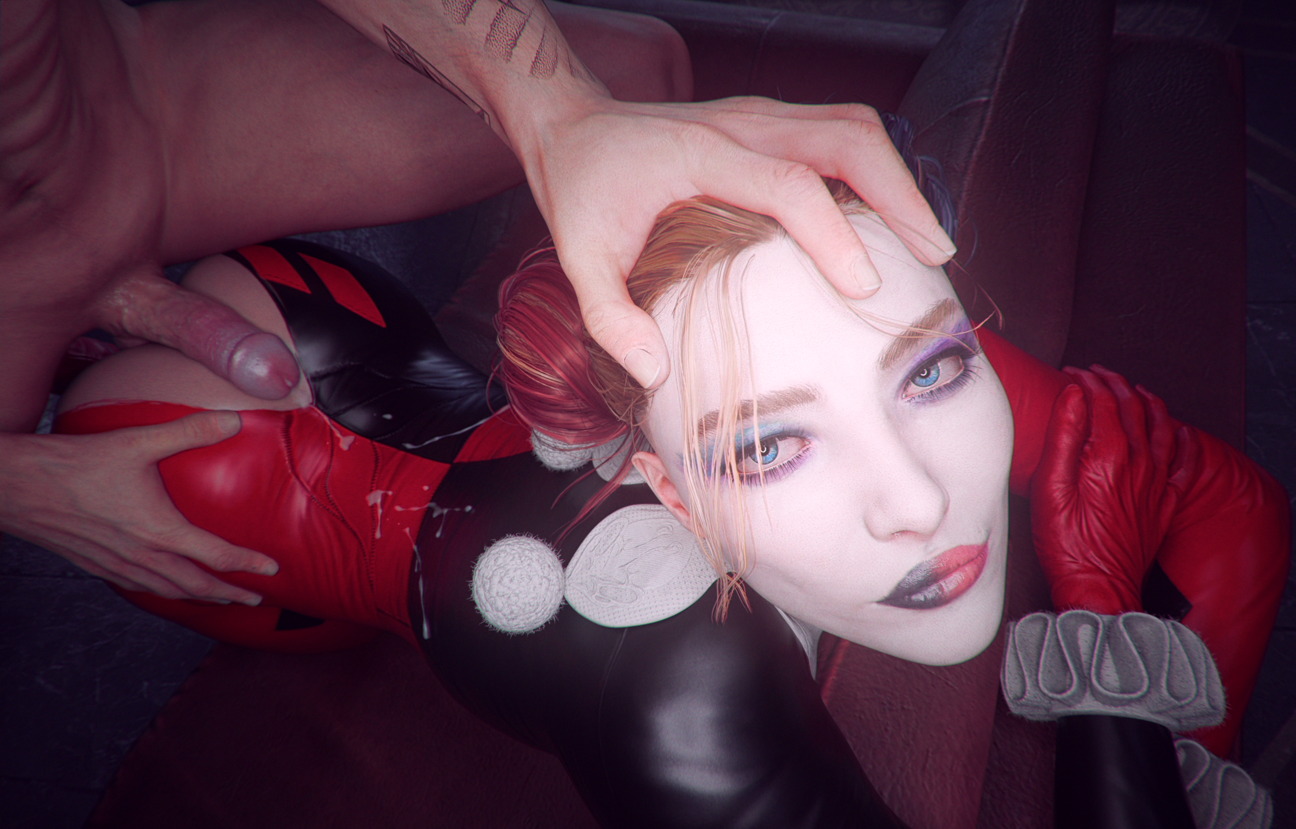 1boy, 1girls, 3d, anal, anal sex, ass, ass out, batman (series), blue eyes, bodysuit, checkpik, cum, cum on back, cum on body, cumshot, dc, dc comics, faceless male, functionally nude, functionally nude female, hands on hips, harley quinn, harley quinn (arkham), harley quinn (classic), harley quinn (suicide squad game), leaning, leaning forward, looking at viewer, nude male, nude male clothed female, penis, penis on ass, sofa, suicide squad, suicide squad: kill the justice league