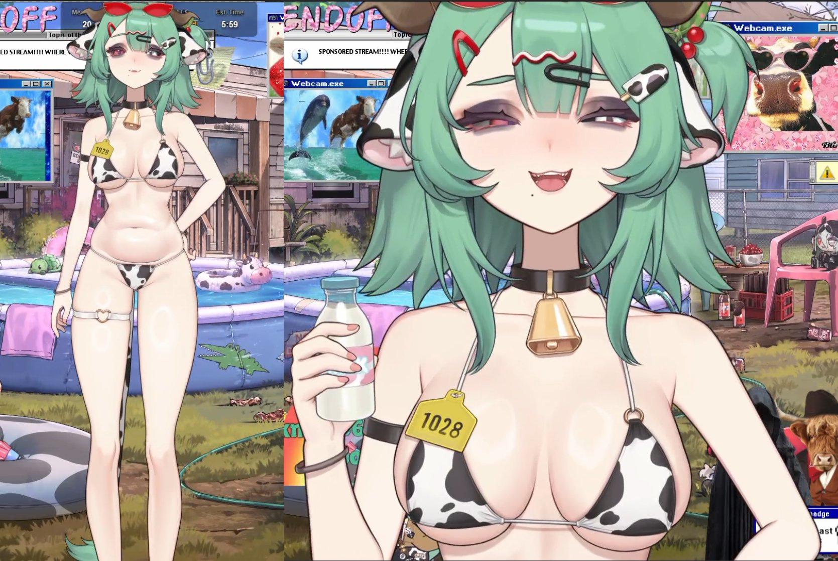 1girls, 2026, barely clothed, barely contained, barely visible pussy, beauty mark, belly, bottle, bottle in hand, color, cow ears, cow tag, cow tail, cowbell, cowbell collar, cowkini, cowprint, cowprint bikini, crelly, crelly (crelly 3.0), different eye color, digital media (artwork), exhibitionism, facial markings, green hair, hair, hair ornament, hairclip, heterochromia, hi res, horns, indie virtual youtuber, lawn chair, light skin, light-skinned female, looking at viewer, milk, milk bottle, mouth, mouth open, no artist, official alternate costume, official art, outfit, plushie, reference image, revealing, revealing swimsuit, screenshot, slightly chubby, slightly chubby female, small bikini, smug, solo, streaming, sunglasses, sunglasses on head, swimming pool, tail, thick thighs, thigh strap, thighs, tired eyes, virtual youtuber, vtuber