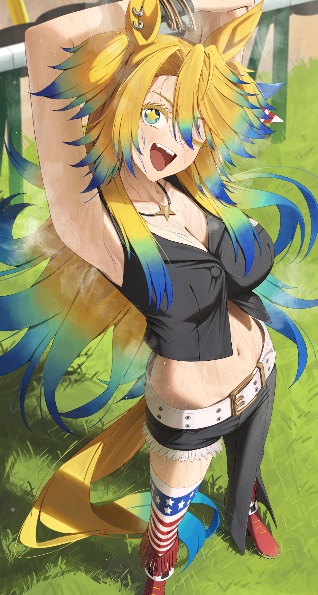 1girl, american flag legwear, armpits, blonde hair, blue hair, looking at viewer, obey your master (umamusume), sharp teeth, smile, solo, umamusume, umamusume pretty derby