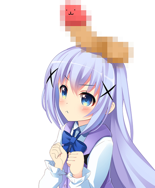 :< :3 blue_eyes blue_hair blush censored chino_kafuu female hair_ornament hairclip human is_the_order_a_rabbit? long_hair male mosaic_censoring straight tippy_(is_the_order_a_rabbit?) wapokichi x_hair_ornament