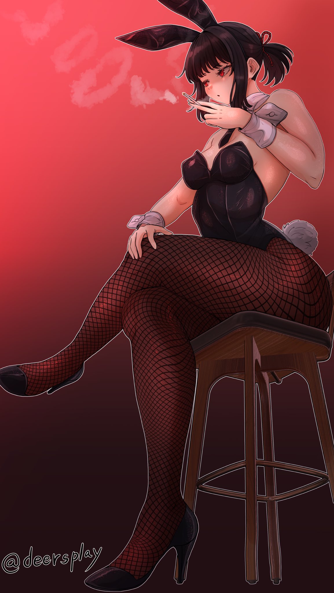 bbambi, black hair, boobs, bunny ears, bunny suit, high heels, huge ass, light skin, light-skinned female, limbus company, project moon, red eyes, ryoshu (limbus company), sitting, smoking, wide hips