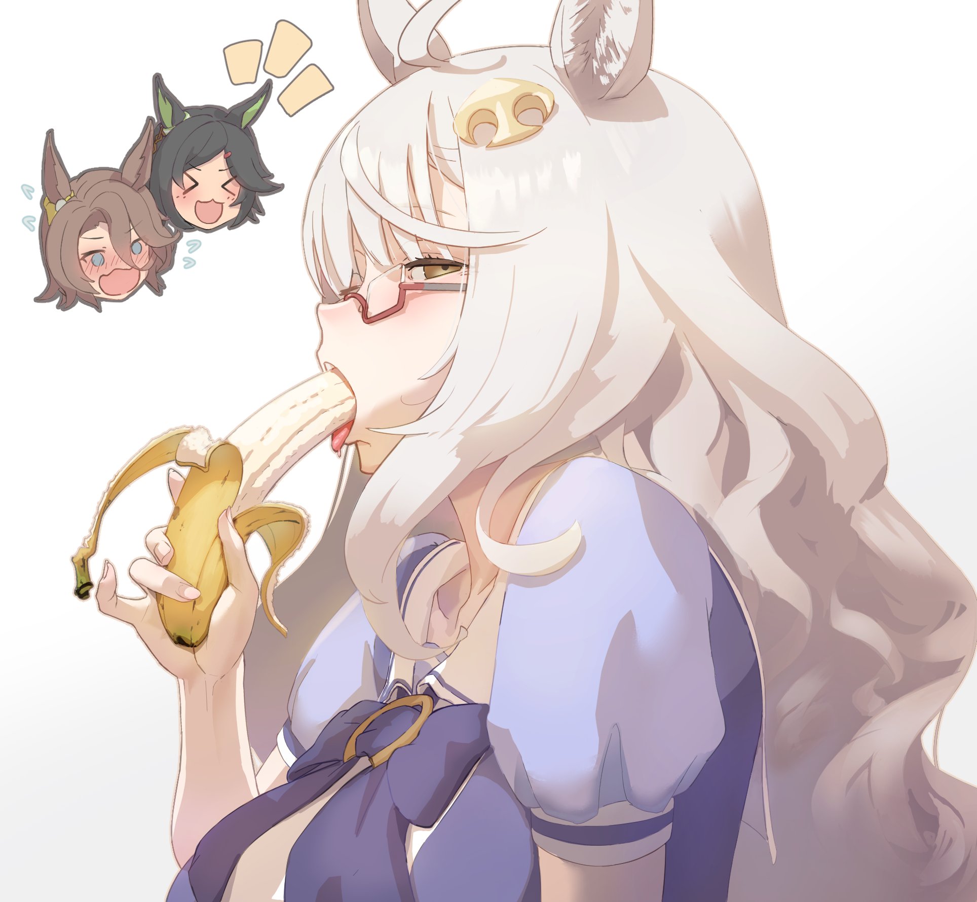 banana, biwa hayahide (umamusume), fellatio, glasses, jerkoff visual assistance, mouth open, narita taishin (umamusume), oral invitation, round breasts, sign, teasing, teasing viewer, tounge out, umamusume, umamusume pretty derby, winning ticket (umamusume)
