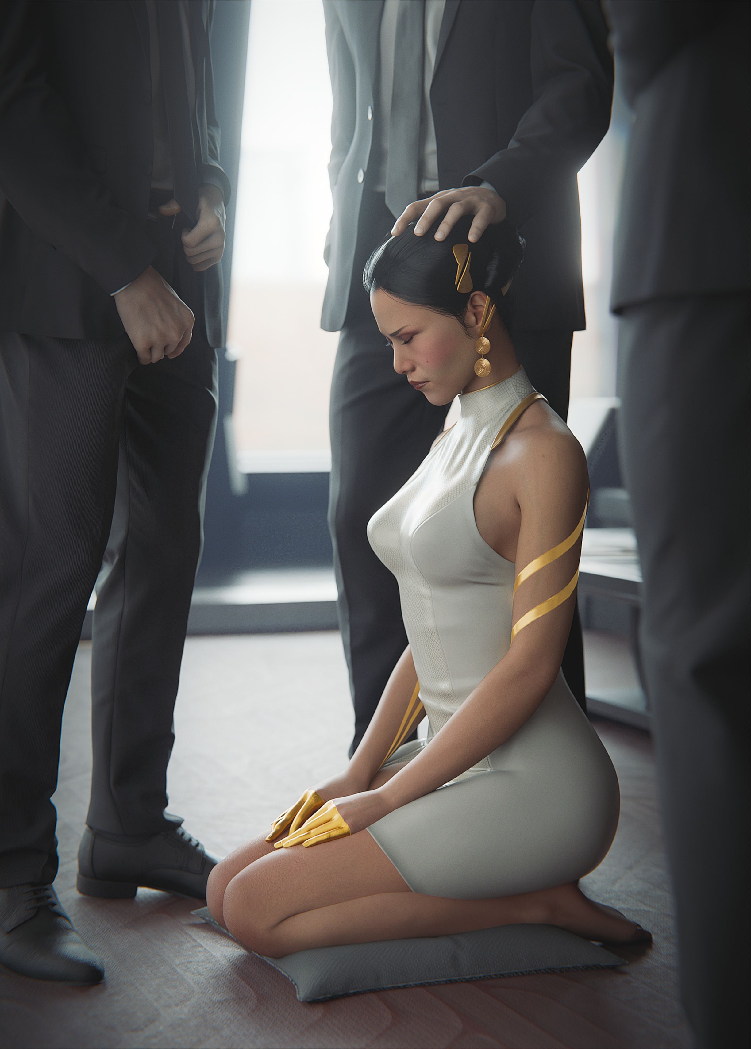 2026, asian, asian female, cyberpunk 2077, defeated, fugtrup, hanako arasaka, hand on head, imminent rape, imminent sex, japanese female, partial male, submissive, submissive female, suits