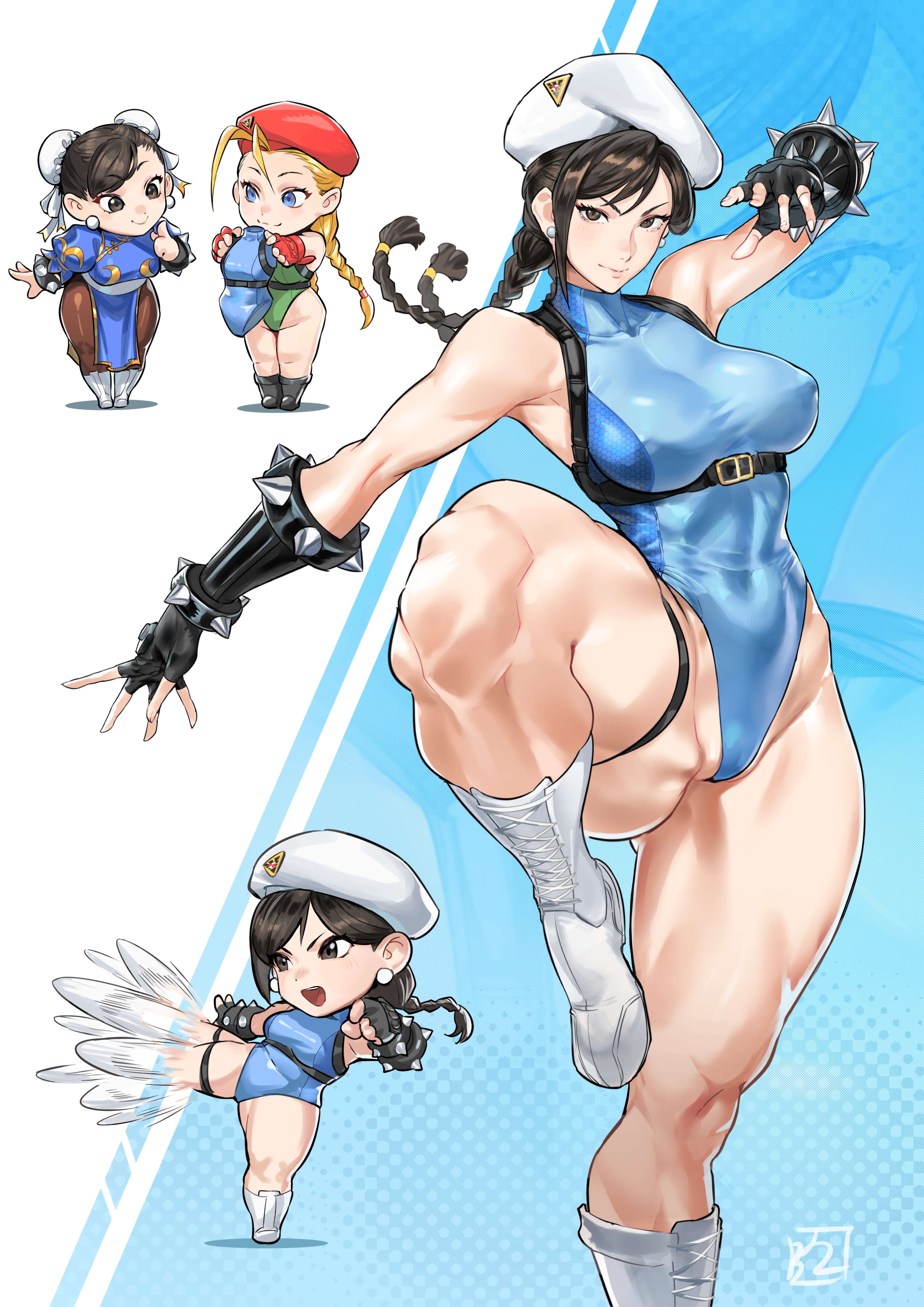 2girls, big breasts, cammy white, cammy white (cosplay), capcom, chun-li, cosplay, female, fingerless gloves, hat, juaagacgy, looking at viewer, muscular female, muscular legs, muscular thighs, nipple bulge, nipples visible through clothing, raised leg, street fighter