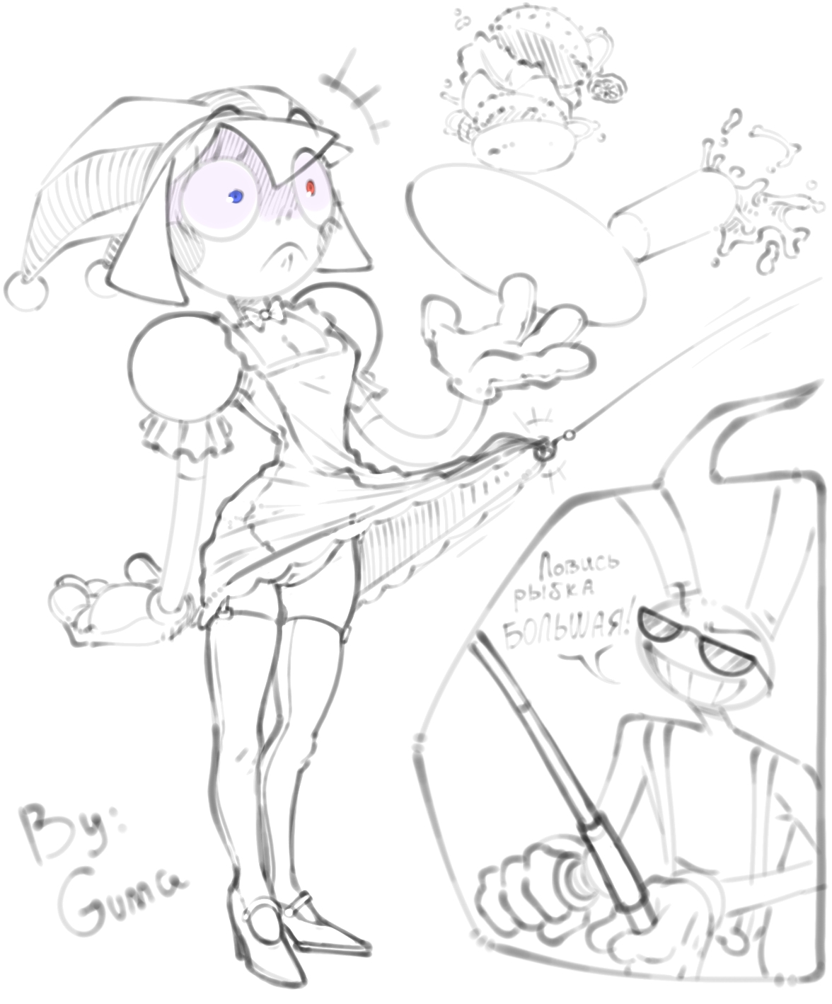 clown, clown girl, fishing, guma, jax (the amazing digital circus), long gloves, maid, maid outfit, no pants, pomni (the amazing digital circus), pussy, rodent, the amazing digital circus, tights