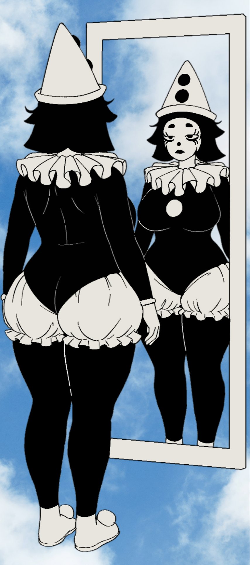 1girls, artist request, ass, big breasts, breasts, clothed, clothed female, clothing, clown, clown girl, clown makeup, endacopia, female only, mirror, solo, solo female, ticketa