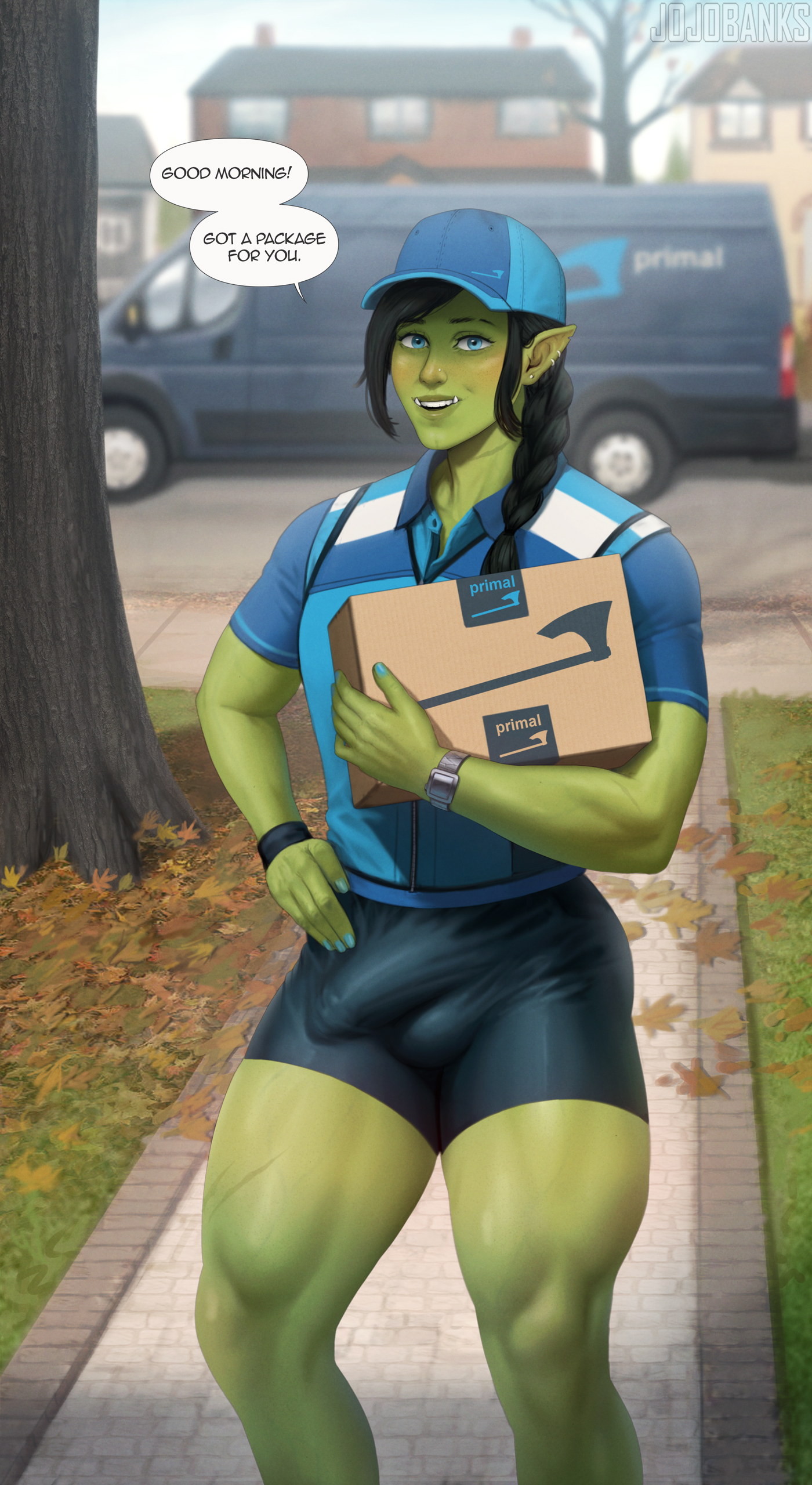 blue eyes, braided hair, bulge, delivery employee, delivery uniform, detailed bulge, dickgirl, english, english text, fit futa, freckles, futanari, green skin, jojobanks, looking at viewer, muscular futa, muscular legs, muscular thighs, orc, orc futa, original character, piercing, pointy ears, smile, solo, solo focus, solo futa, speech bubble, uniform