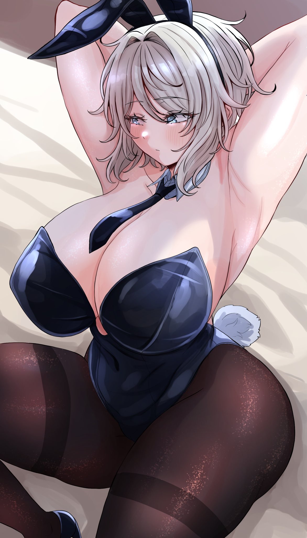 armpit, bbambi, big breasts, blue eyes, boobs, bunny ears, bunny suit, faust (limbus company), huge breasts, light skin, light-skinned female, limbus company, project moon, white hair, wide hips
