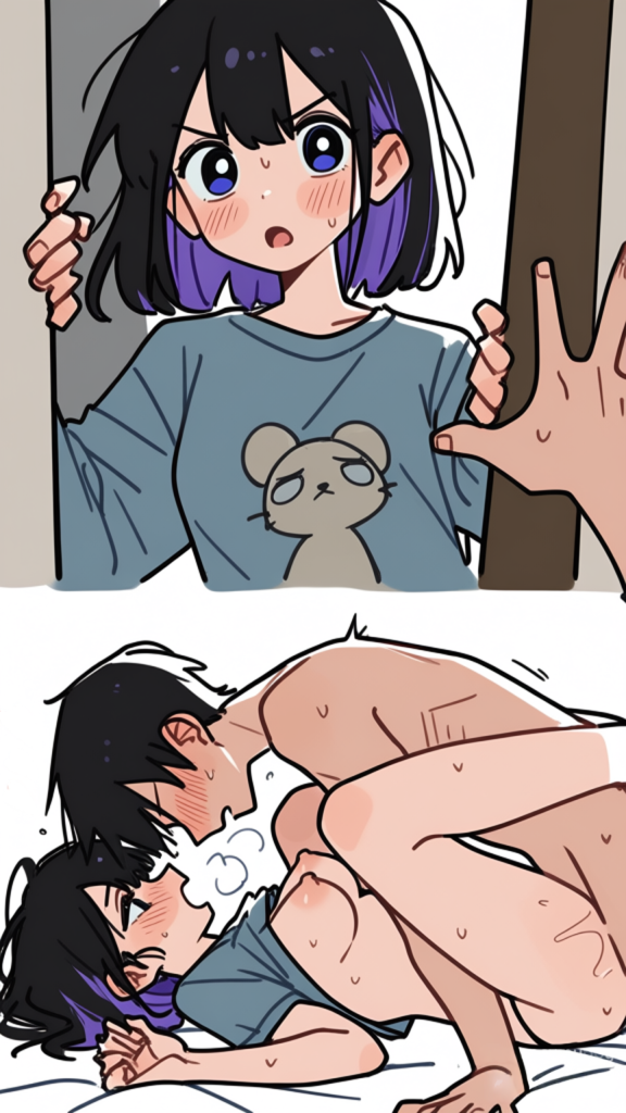 ai generated, blush, brother and sister, comic, cute, emo, girlfriend, glasses, missionary position, multicolored hair, sex