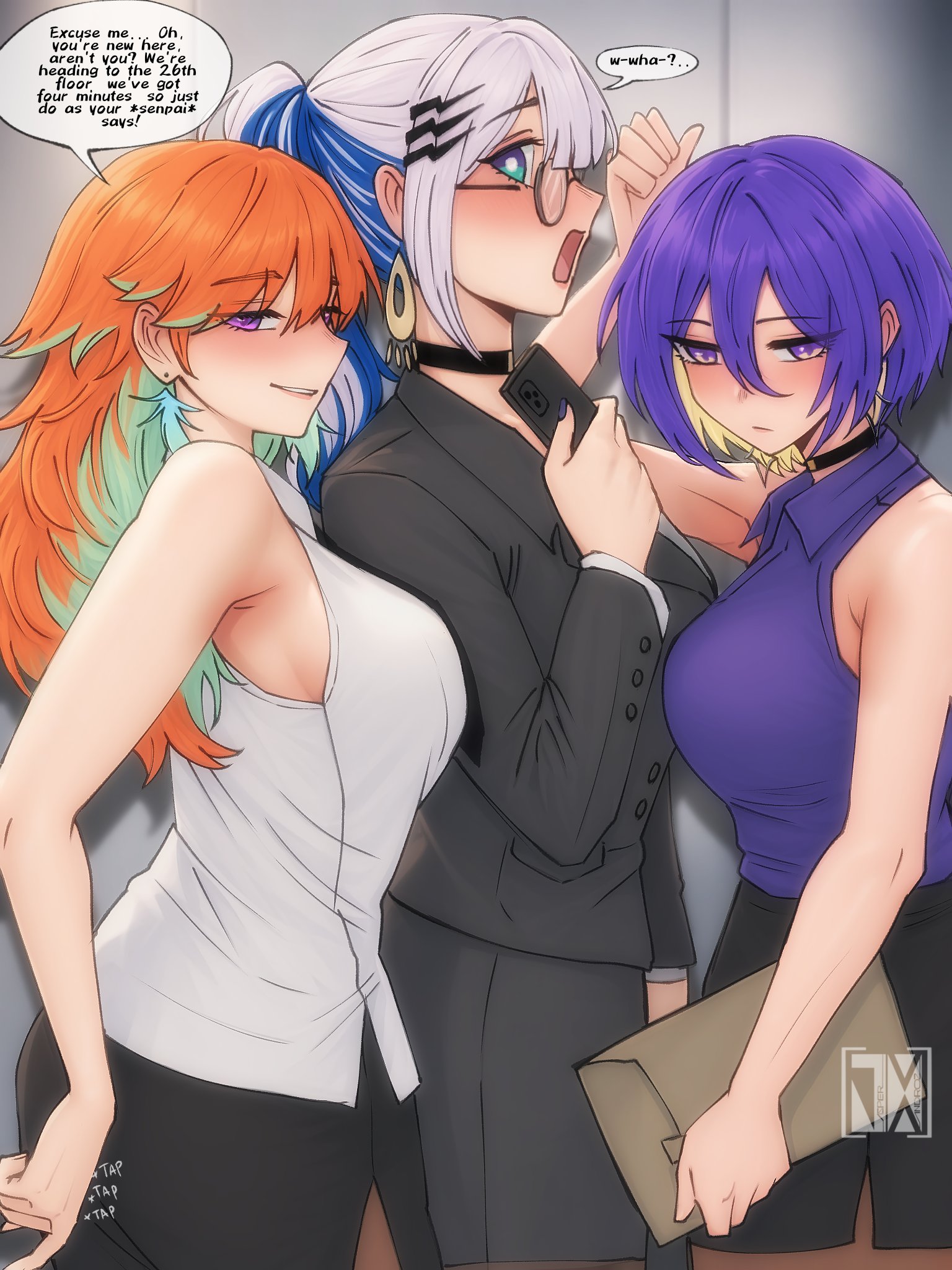 3girls, arched back, arm between breasts, arm lift, armpit, big breasts, blazer, blonde hair, blue eyes, breast press, breasts, breasts against back, breasts against chest, button down shirt, choker, clothed, clothed female, collared shirt, cramped, crowded, dialogue, earrings, elevator, english text, feather earrings, hair between eyes, hand above head, holding folder, holding object, hololive, hololive english, hololive indonesia, hololive indonesia area 15, hololive indonesia holoro, hololive myth, image set, jasper xandros, large breasts, leaning against wall, light skin, light-skinned female, lipstick, long hair, looking away, makeup, moona hoshinova, multicolored hair, office lady, office outfit, office uniform, orange hair, painted nails, pantyhose, pavolia reine, pencil skirt, phone, pierced ears, ponytail, pressing breast on partner, pressing button, professional, professional clothes, profile view, purple eyes, purple hair, pushing breasts up, pushing button, rubbing breasts, shirt, short hair, sideboob, skirt, sleeveless shirt, smartphone, suit, suit jacket, takanashi kiara, talking, virtual youtuber, white hair, yuri