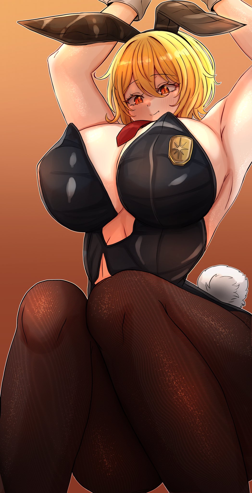 armpit, bbambi, boobs, bunny ears, bunny suit, bunny tail, bunnysuit, don quixote (limbus company), hourglass figure, huge breasts, light skin, light-skinned female, limbus company, orange eyes, pantyhose, project moon, thick thighs, wide hips, yellow hair