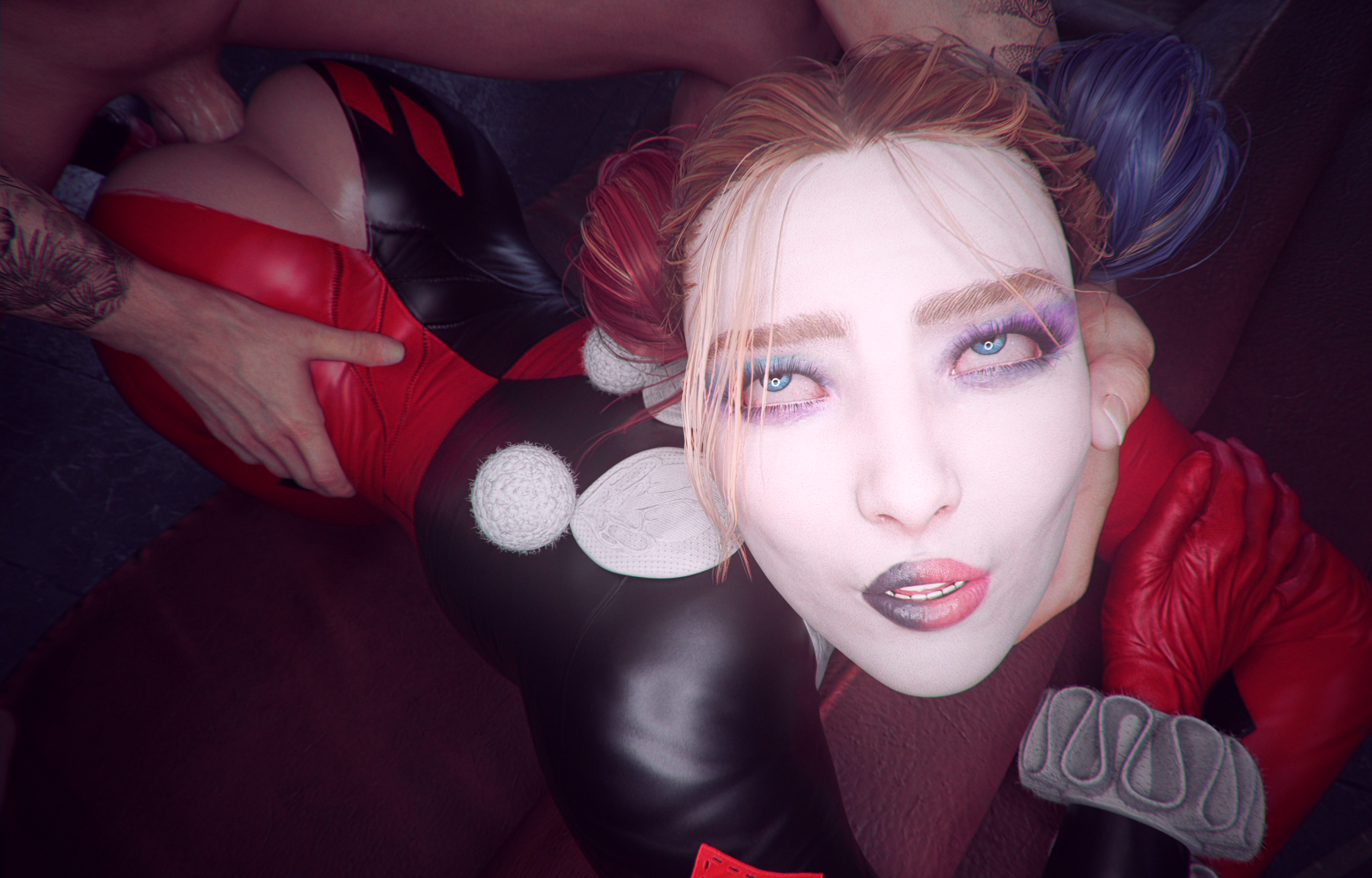 1boy, 1girls, 3d, anal, anal sex, batman, batman (bruce wayne), batman (series), batman: arkham knight, blue eyes, bruce wayne, butt crack, checkpik, dc, dc comics, faceless male, hands on hips, harley quinn, harley quinn (arkham), harley quinn (classic), harley quinn (suicide squad game), nude male, nude male clothed female, sex, straight, straight sex, suicide squad, suicide squad: kill the justice league