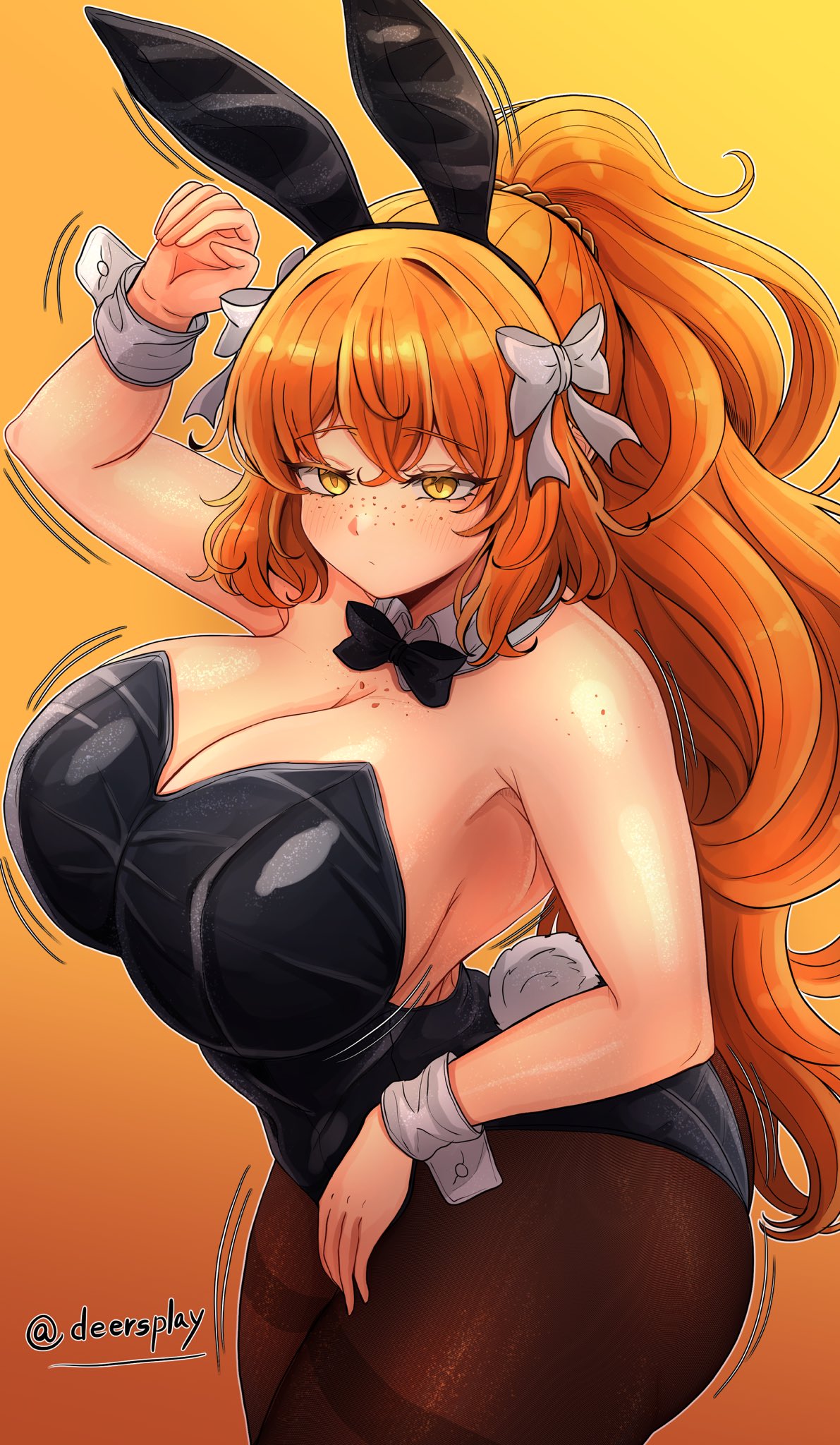 1girls, bbambi, boobs, bunny ears, bunny suit, expressionless, freckles, freckles on breasts, huge breasts, ishmael (limbus company), large breasts, light skin, light-skinned female, limbus company, orange hair, project moon, solo, tagme, wide hips, yellow eyes