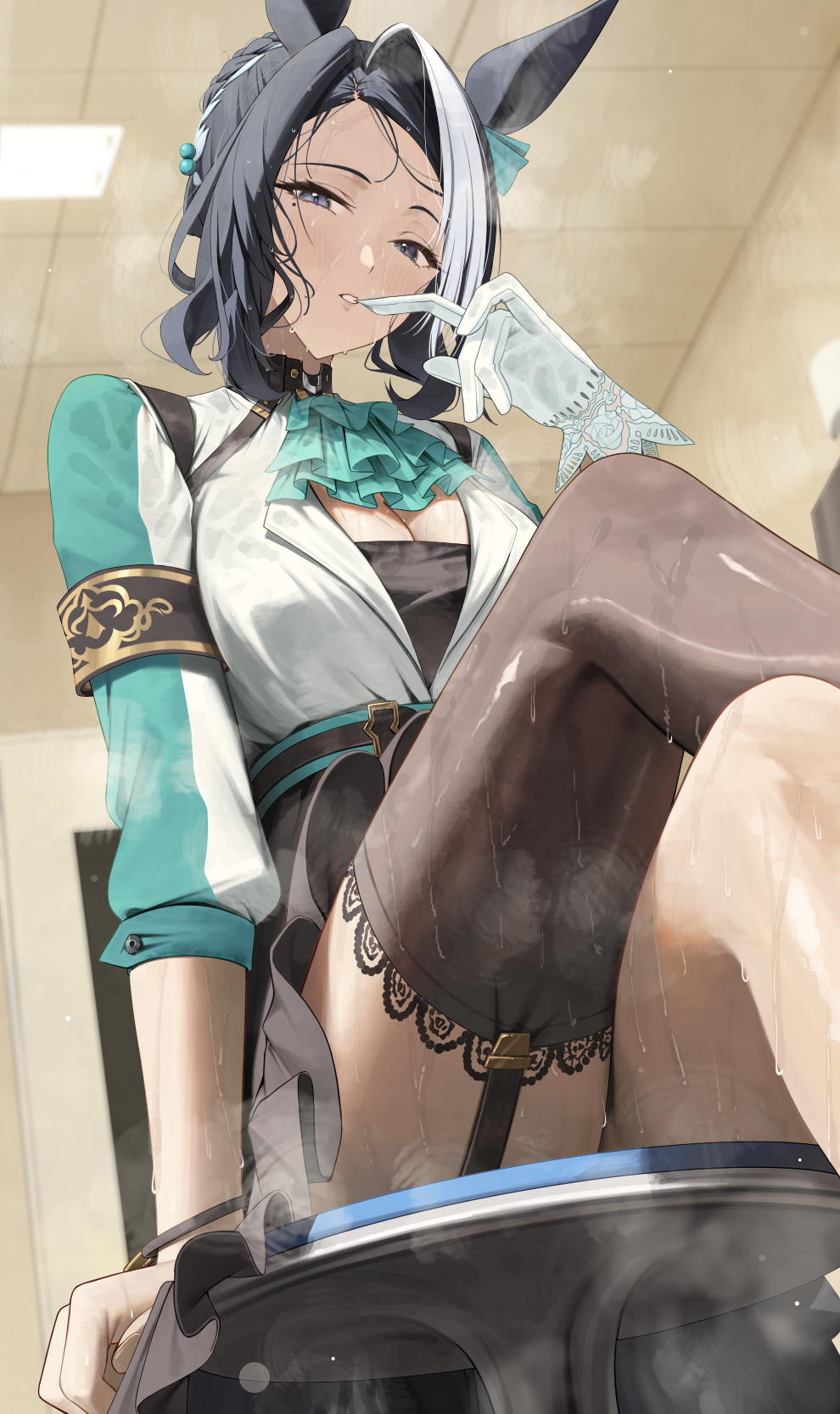 1girl, 1girls, breasts, crossed legs, horse girl, looking at viewer, mejiro ramonu (umamusume), sitting, solo, sweat, tagme (artist), umamusume, umamusume pretty derby