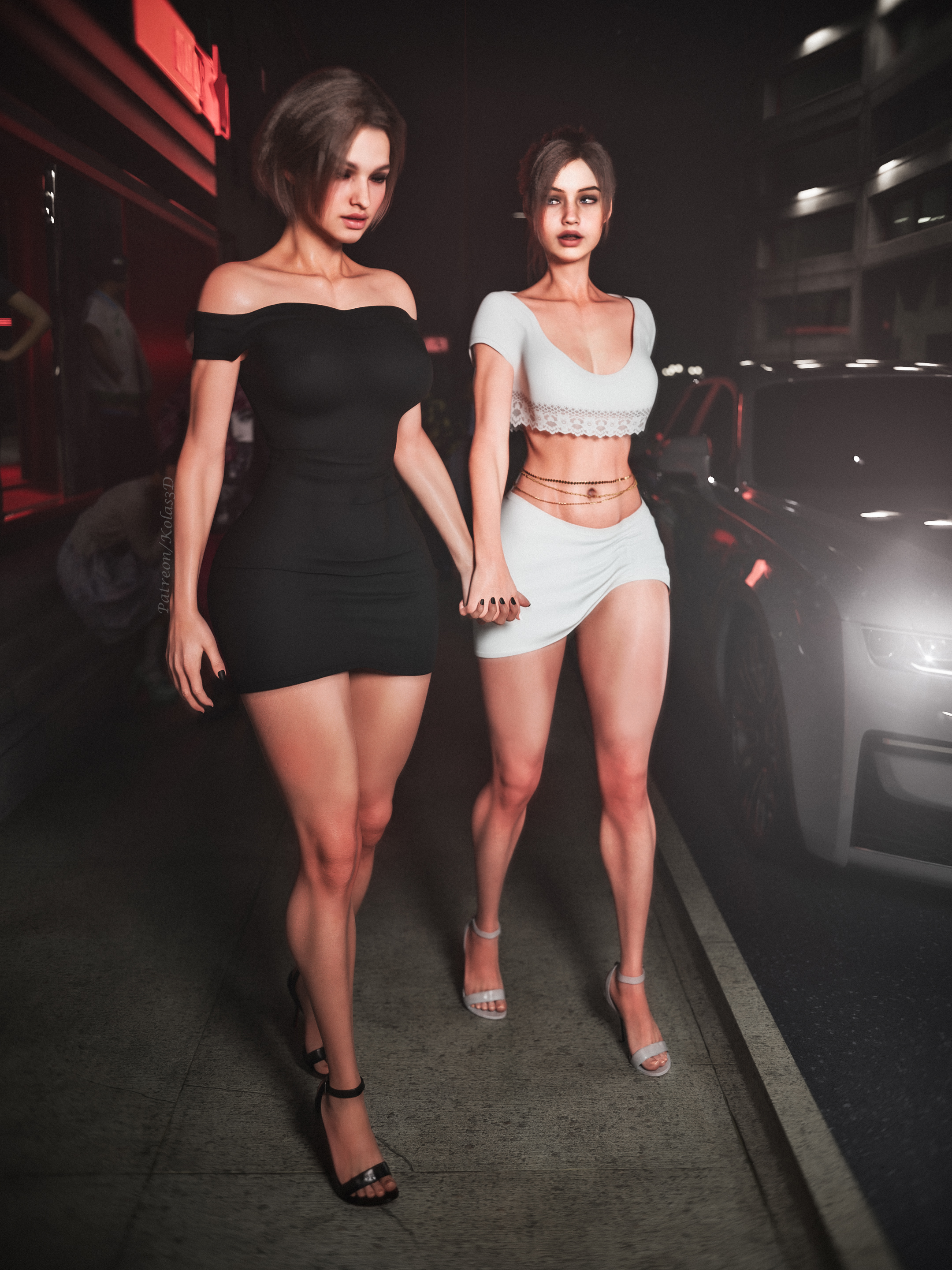 2girls, 3d, big breasts, black dress, breasts, capcom, claire redfield, claire redfield (jordan mcewen), dress, female, female only, holding hands, jill valentine, jill valentine (sasha zotova), kolas3d, legs, light skin, light-skinned female, long hair, night, resident evil, resident evil 2, resident evil 2 remake, resident evil 3, resident evil 3 remake, short hair, small breasts, white dress
