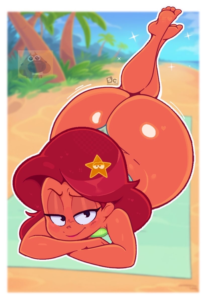 1girl, ass, barefoot, beach, bikini, black eyes, colored skin, crossed arms, dark skin, dark-skinned female, day, feet up, female, green bikini, hair ornament, half-closed eyes, huge ass, long hair, looking at viewer, lying, marina (zig and sharko), naughty face, on stomach, outdoors, palm tree, raised eyebrow, red hair, red skin, seductive smile, smile, smug, solo, star (symbol), star hair ornament, swimsuit, teenage girl, the pose, thick thighs, thighs, thong, thong bikini, tree, wide hips, zig and sharko