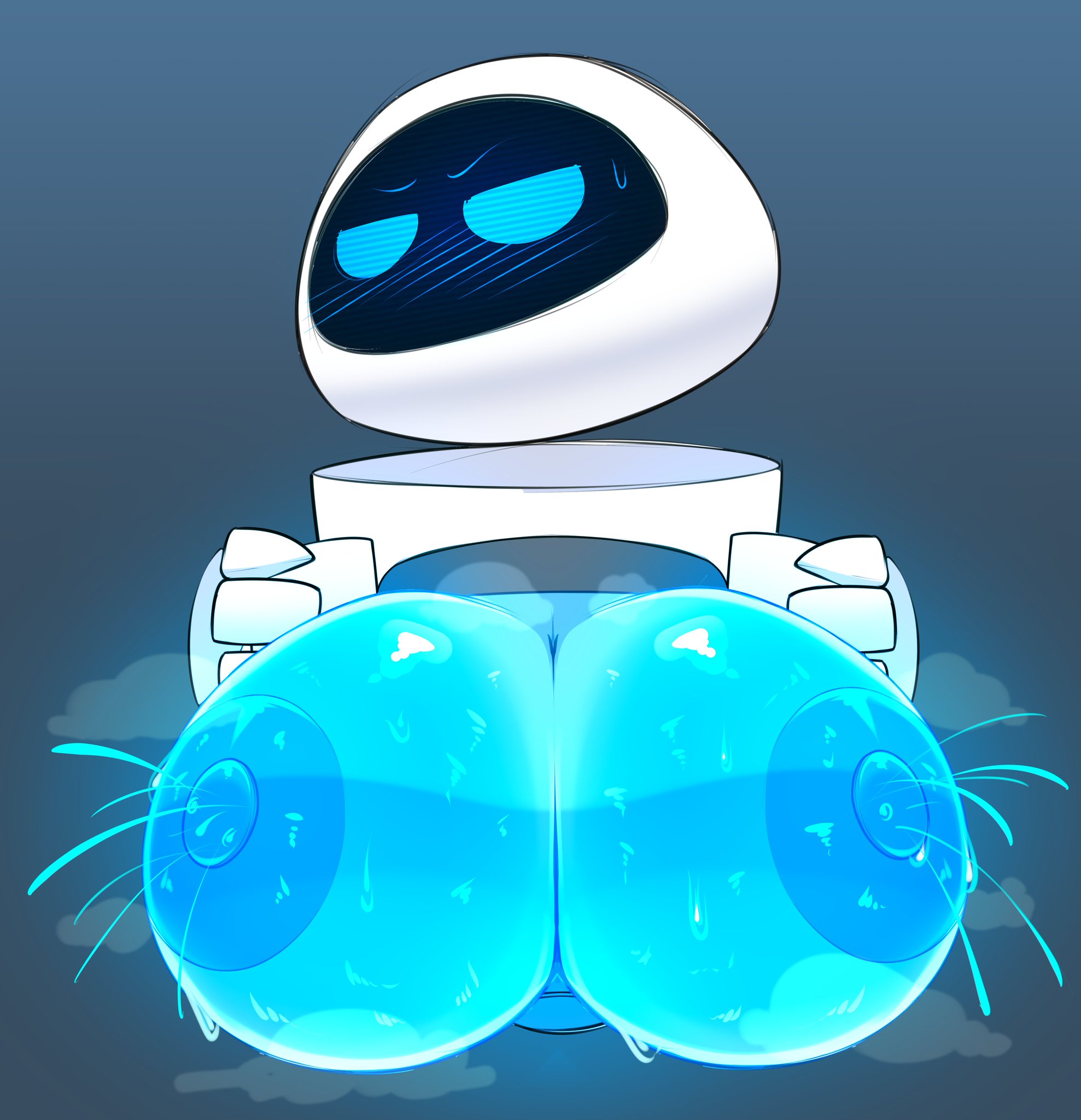 big breasts, blue boobs, blue breasts, blue eyes, blush, dibujito, disney, embarrassed, eve (wall-e), glowing breasts, lactating, leaking breasts, pixar, robot, robot girl, showing breasts, wall-e