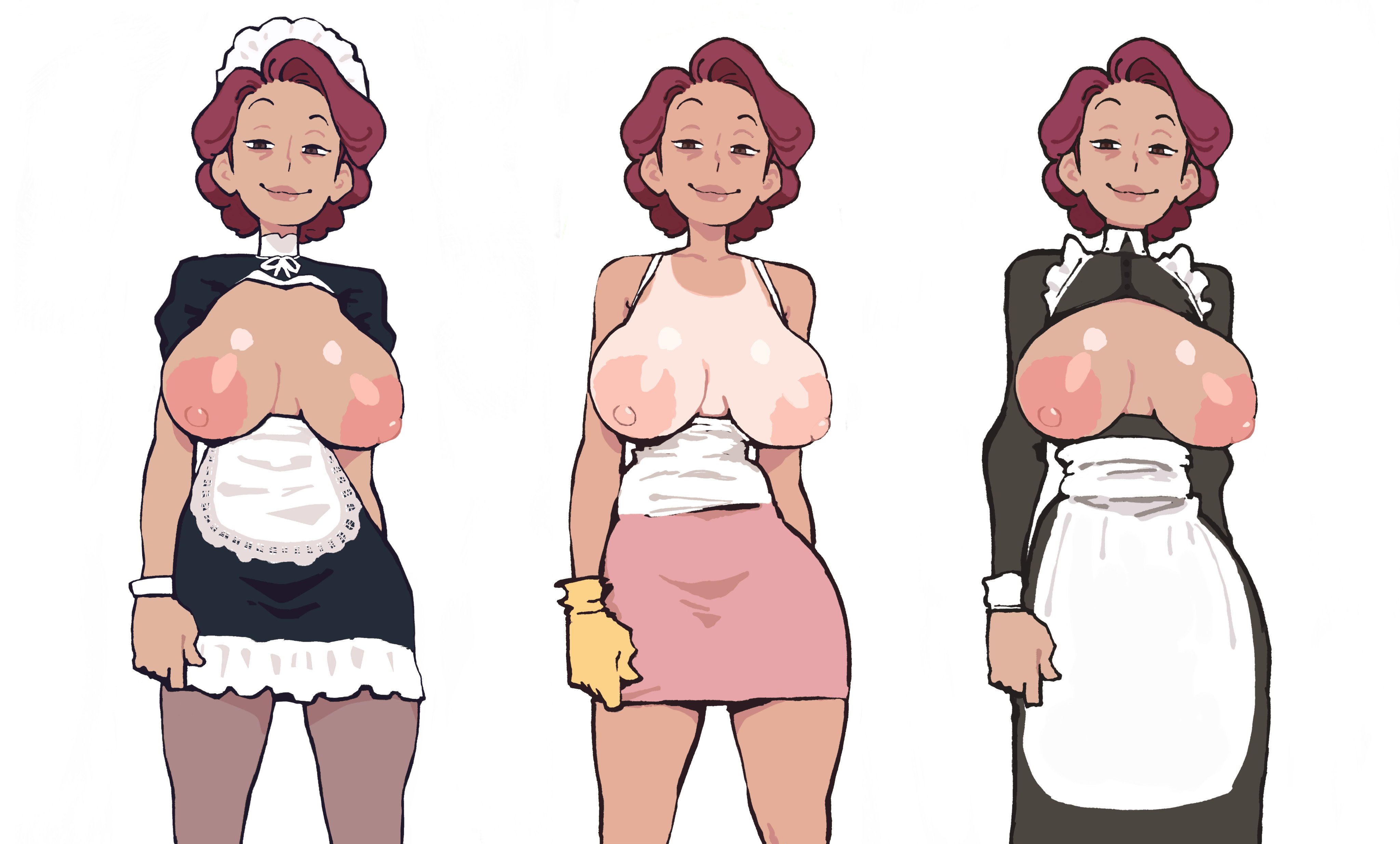 1girl, apron, bogmoza, breastless clothes, breasts, breasts apart, breasts out, closed mouth, clothing, dress, female, gloves, inverted nipples, large areolae, large breasts, looking at viewer, maid, maid apron, maid headdress, mature female, milf, miniskirt, multiple views, nipples, original character, pantyhose, pencil skirt, pink skirt, red hair, sagging breasts, see-through, short hair, simple background, skirt, smile, standing, tan, tanlines, white apron, white background, wrinkles, yellow gloves