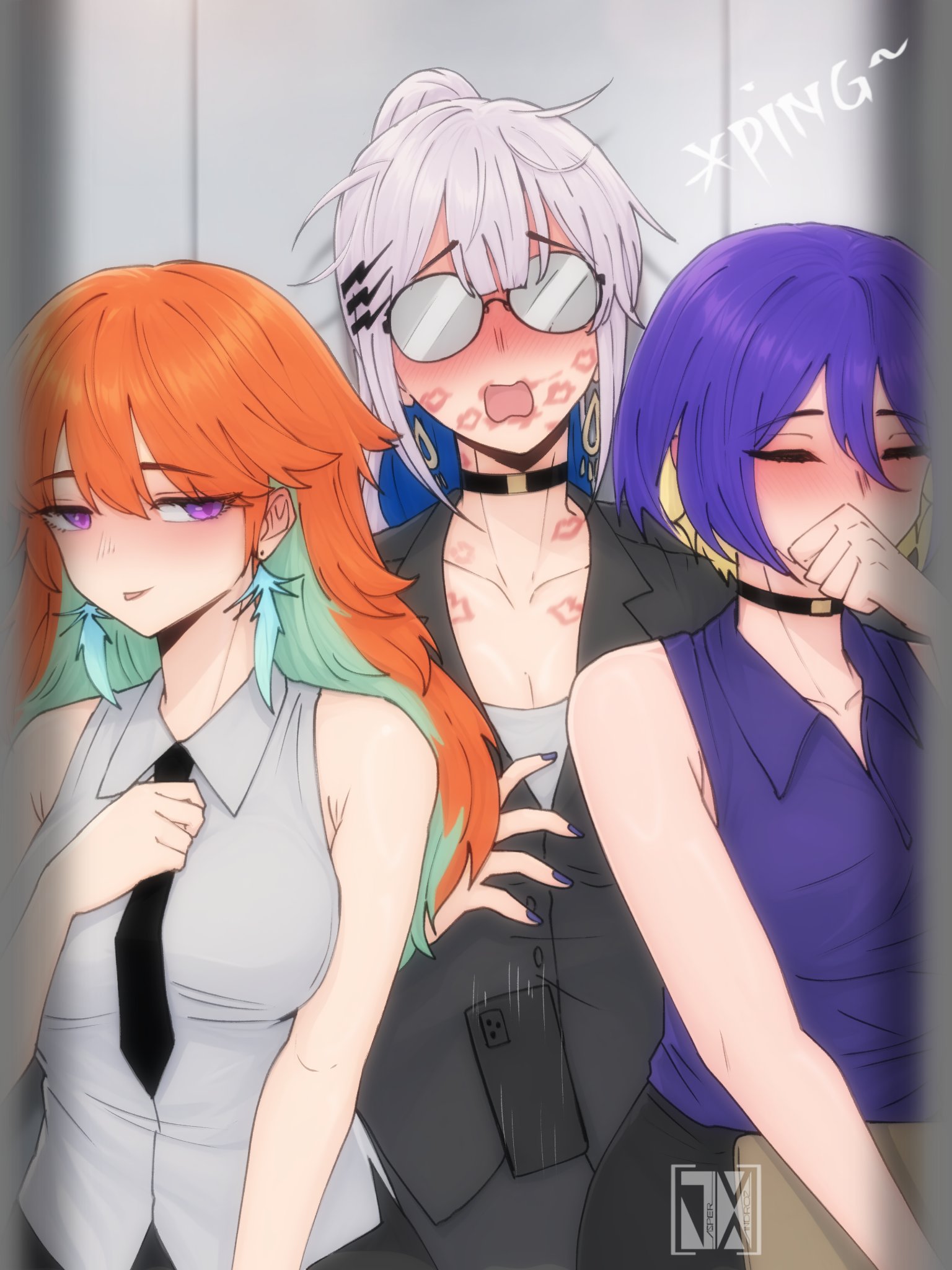 3girls, adjusting tie, after kiss, armpit peek, big breasts, blazer, blonde hair, blush, blushing, breasts, button down shirt, choker, cleavage, clipboard, collared shirt, covering mouth, coworkers, dropping object, dropping phone, earrings, elevator, elevator door, eyebrows, eyebrows visible through hair, eyes closed, feather earrings, glasses, hair accessory, hair between eyes, hairclip, harassment, holding clipboard, holding object, hololive, hololive english, hololive indonesia, hololive indonesia area 15, hololive indonesia holoro, hololive myth, image set, jasper xandros, kiss mark on chest, kiss mark on face, kiss mark on lips, kiss marks, lesbian, licking lips, light skin, light-skin, light-skinned female, lipstick, lipstick marks, long hair, moona hoshinova, mouth open, multicolored hair, office lady, office lady outfit, office uniform, orange hair, overwhelmed, overwhelmed expression, painted nails, pavolia reine, pencil skirt, pierced ears, pony tail, public display, purple eyes, purple hair, sexual harassment, short hair, skirt, sleeveless shirt, smartphone, suit, suit jacket, surprised, takanashi kiara, tie, tongue out, virtual youtuber, white hair, yuri