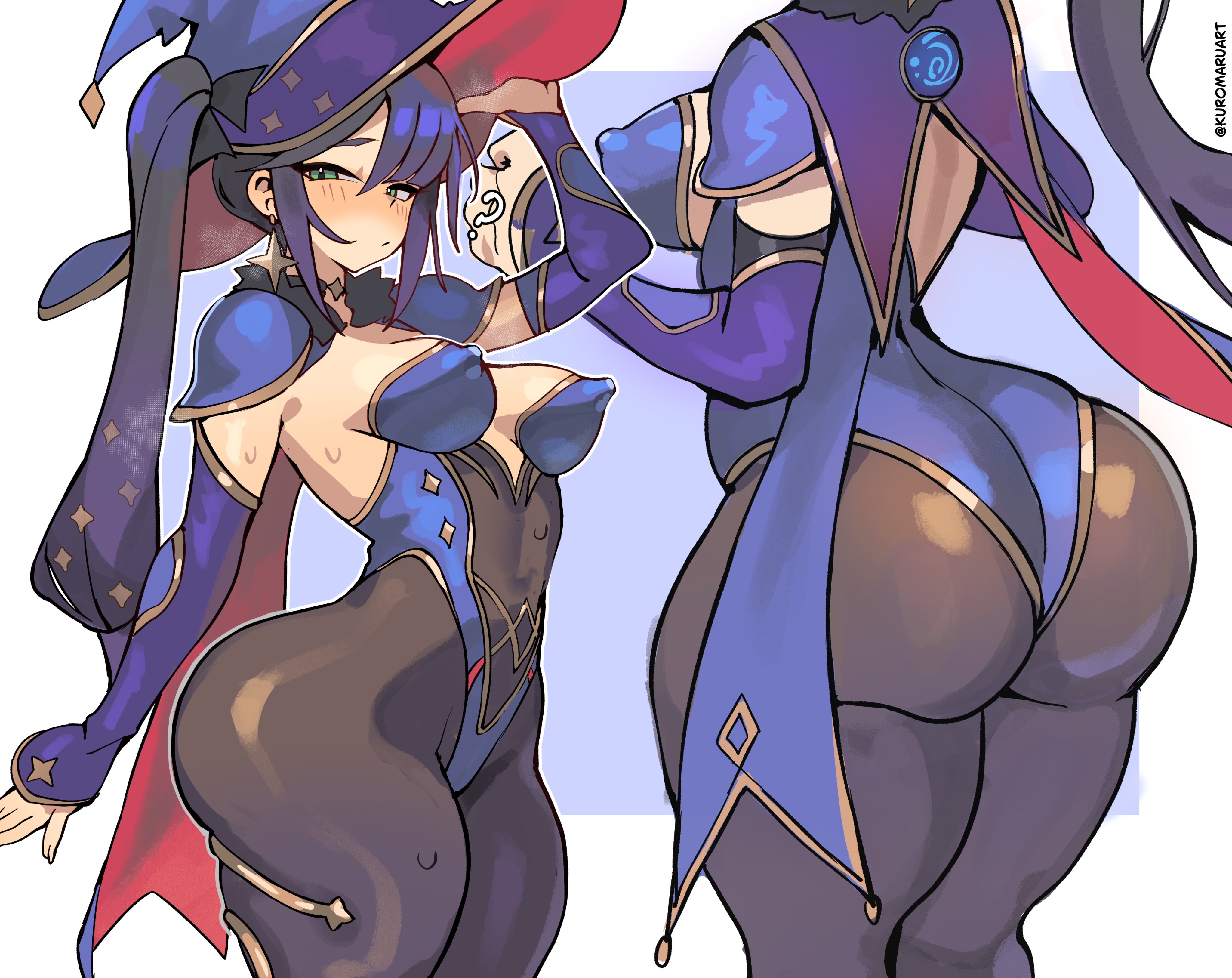 1girls, ass, ass focus, big ass, breasts, fat ass, female, female focus, female only, genshin impact, huge ass, kuromaruart, large ass, light skin, light-skinned female, medium breasts, mona (genshin impact), nipple bulge, solo, thick thighs, thighs, wide hips