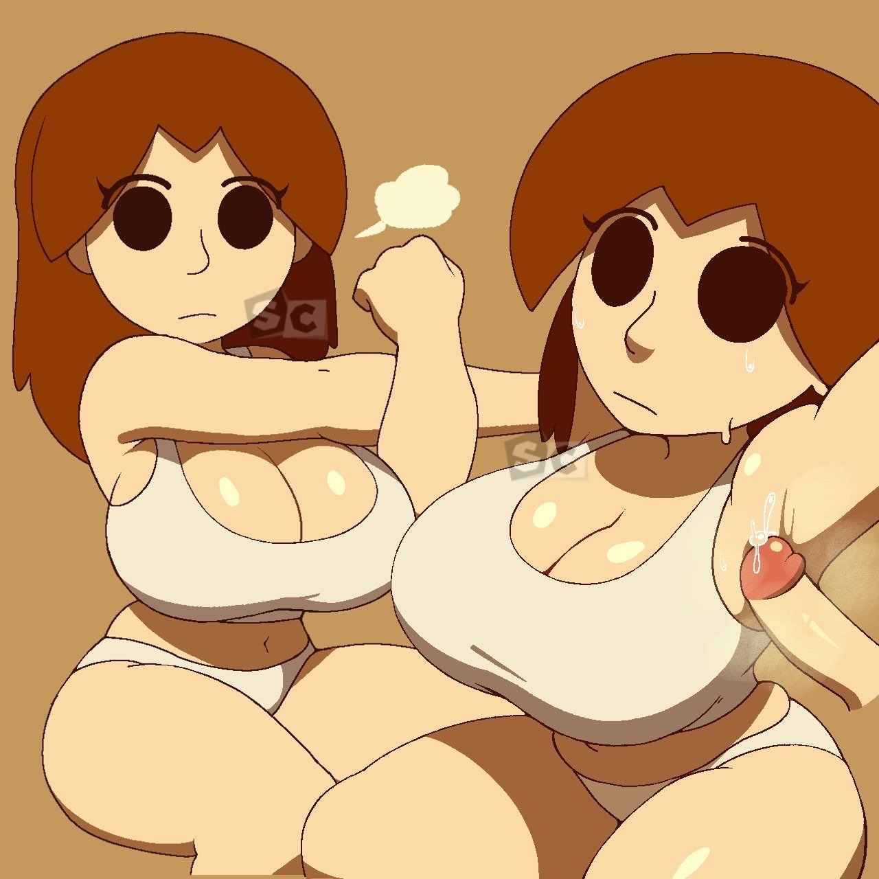 1boy, 2girls, armpit fetish, armpit sex, armpits, arms up, artist request, black eyes, breasts, brown background, brown hair, cleavage, closed mouth, crop top, cropped legs, cum, curvy, disembodied penis, expressionless, female, genderswap, hetero, huge breasts, large breasts, light skin, light-skinned female, long hair, midriff, mii, mii gunner, mii gunner (smash 4), multiple views, navel, neutral expression, nintendo, no nose, no pupils, nonchalant, panties, penis, plump, shiny skin, sideshow circus, simple background, sitting, solo focus, sports bra, stretching, super smash bros., super smash bros. for nintendo 3ds and wii u, sweat, sweatdrop, tank top, thick thighs, thighs, underwear, underwear only, white panties, white sports bra