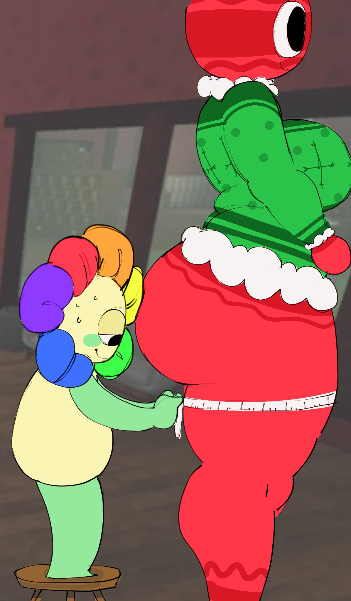 1boy, 1girls, 2026, big breasts, big butt, bobette (dandy's world), butt, captivemimic, christmas outfit, dandy (dandy's world), dandy's world, flower, happy, he tryna ignore it (meme), hi res, large breasts, larger female, no panties, object head, red body, red skin, roblox, roblox game, shirt, smaller male, voluptuous, voluptuous male