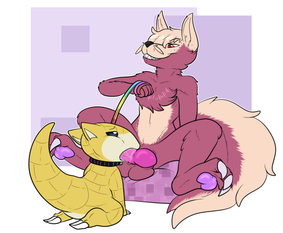 anthro armadillo balls bondage bound collar cum cum_on_penis duo fur heyitshappydoodles leash male mammal nintendo oral penis pokemon purple_fur sandshrew sex shiny_pokemon shiny_stunky skunk stunky thomas_whitaker video_games yaoi