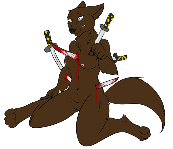 2015 akane_(akanisen) anthro areola black_nose blade blood breasts brown_fur canine claws female fur furry_ears furry_tail gore grosspotoo hi_res husky katana mammal melee_weapon nipples nude pussy simple_background solo sword tail teeth toe_claws weapon wolf