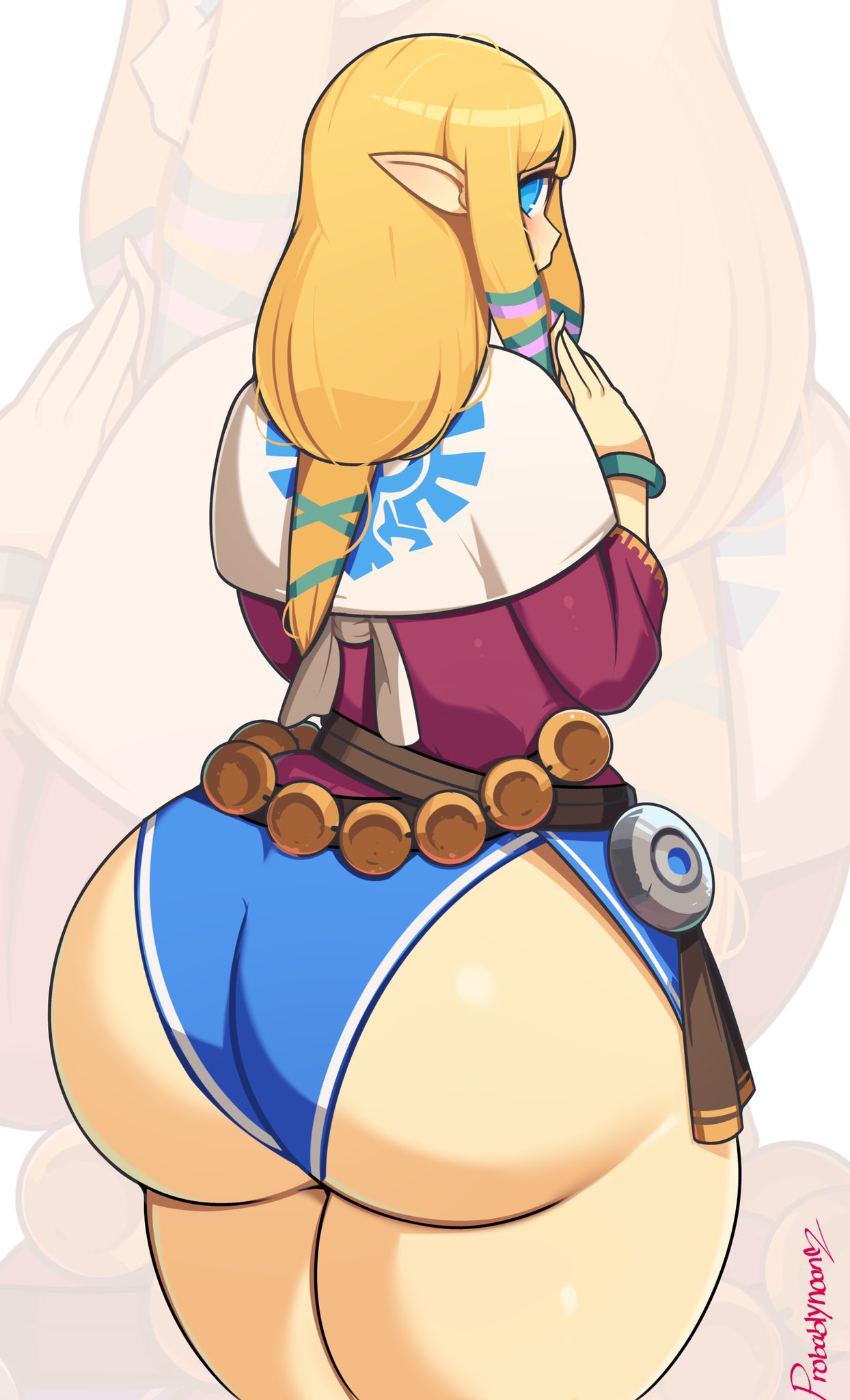 1girls, ass, ass crack, ass focus, big ass, big butt, bimbo, blonde hair, blue eyes, bracelet, bubble ass, bubble butt, butt crack, caked up, cheesecake, dress, fat ass, fat butt, female, fully clothed, huge ass, hylian, hyper, hyper ass, large ass, light skin, light-skinned female, looking back, nintendo, pale skin, pale-skinned female, panties, plump, plump ass, pointed ears, pointy ears, ponytail, princess zelda, probablynoon, simple background, skyward sword, the legend of zelda, thick, thick ass, tight fit, voluptuous, voluptuous female, wide hips, zelda (skyward sword)