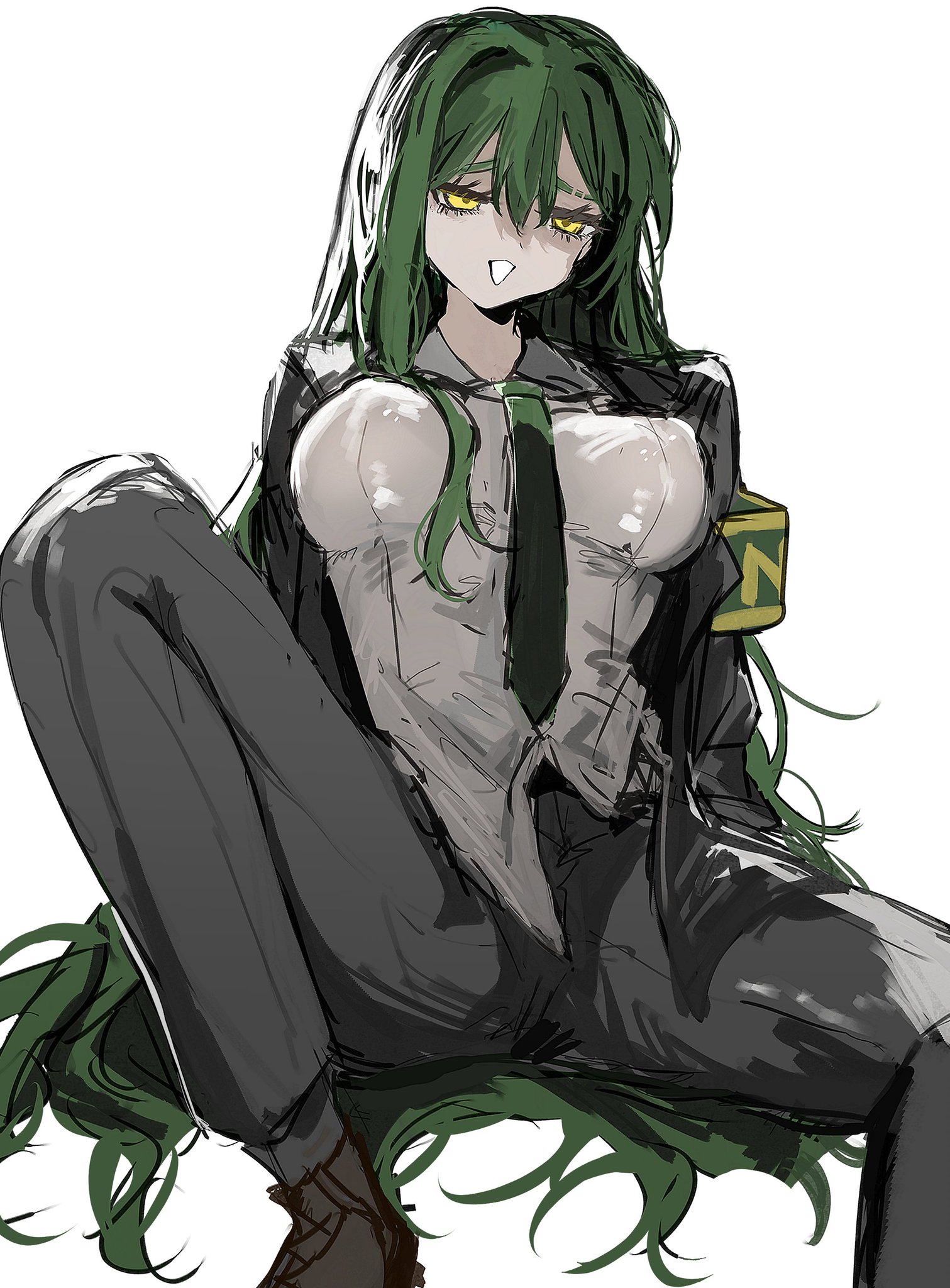 2d, breasts, erect nipples, female, fully clothed, green hair, highres, kisaaka, lobotomy corporation, netzach (project moon), nipples, project moon, rule 63, suit