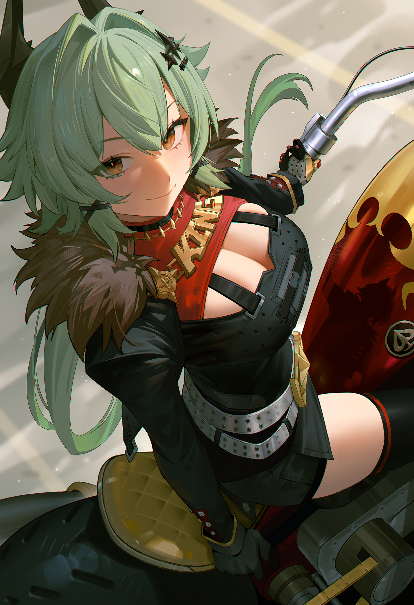 1girls, 95 (jiuwujiang), absurdres, belt, black shirt, black thighhighs, breasts, brown eyes, caesar king, cleavage, commentary, english commentary, female, female only, green hair, grey belt, hair intakes, highres, large breasts, long hair, looking at viewer, shirt, sitting, smile, solo, thighhighs, thighs, zenless zone zero