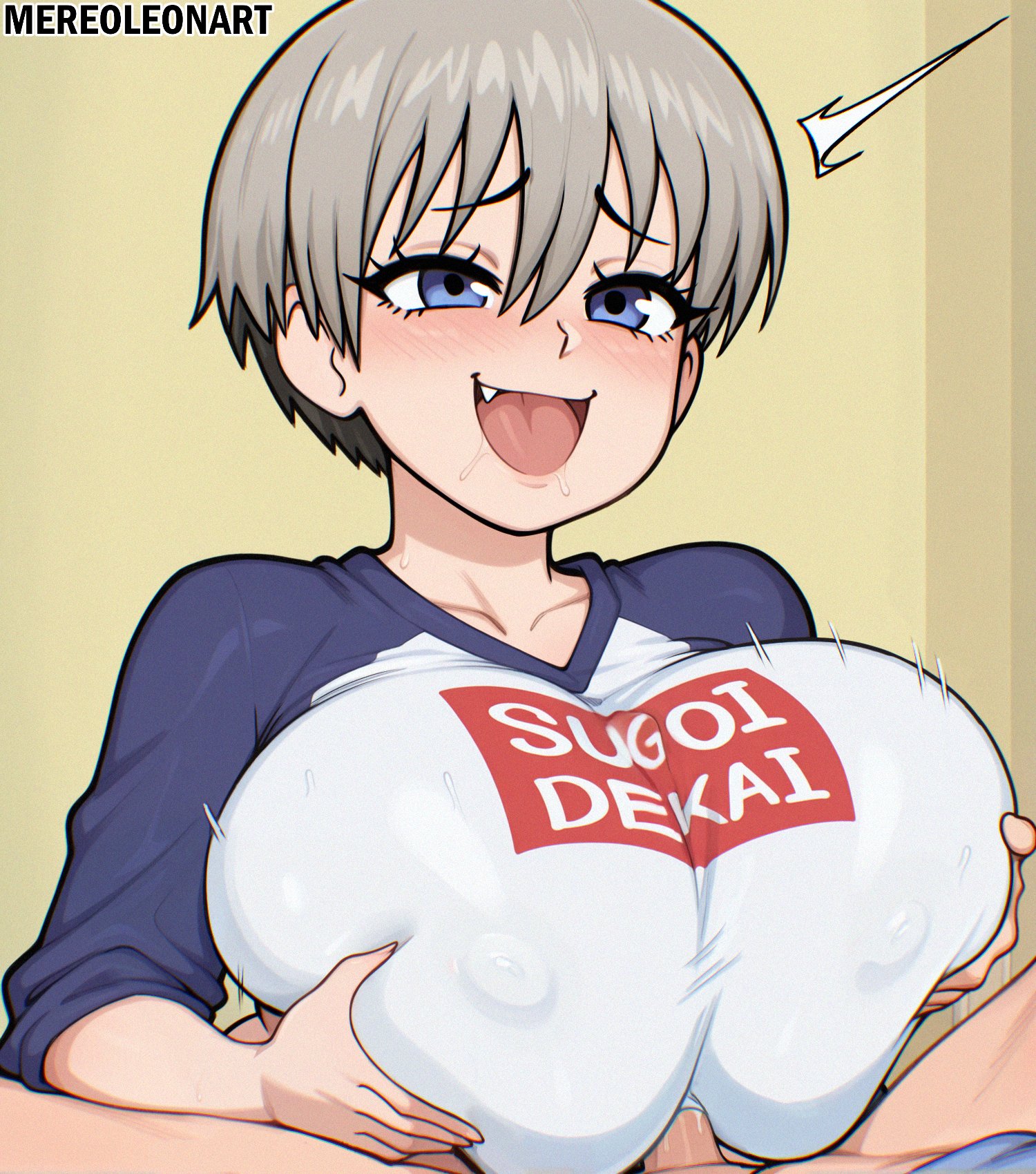 1boy, 1girls, ai generated, blue eyes, breasts, clothed female nude male, female, huge breasts, light skin, light-skinned female, male, male pov, mereoleonart, paizuri, penis, pov, short hair, titjob, uncensored, uzaki hana, uzaki-chan wa asobitai!, white hair