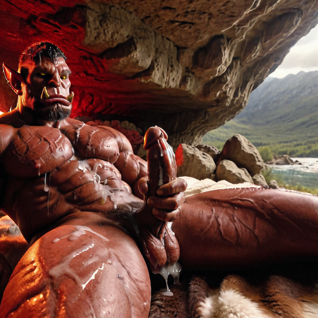 3d ai_generated bara big_muscle big_penis erection huge_cock male muscular muscular_male orc orc_male orced penis red_skin