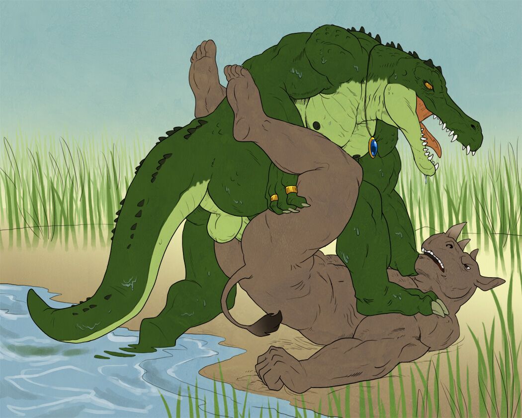 2boys abs anal ass badcoyote balls colored crocodile erection gay male male_only mammal muscular nude outside pecs penis reptile rhinoceros ryan_carthage scalie simple_background source_request stinkdog water yaoi